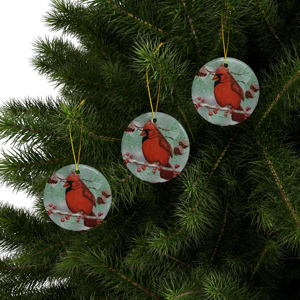 Cardinal Bird Ceramic Ornament — Red Cardinal Holiday Tree Decoration