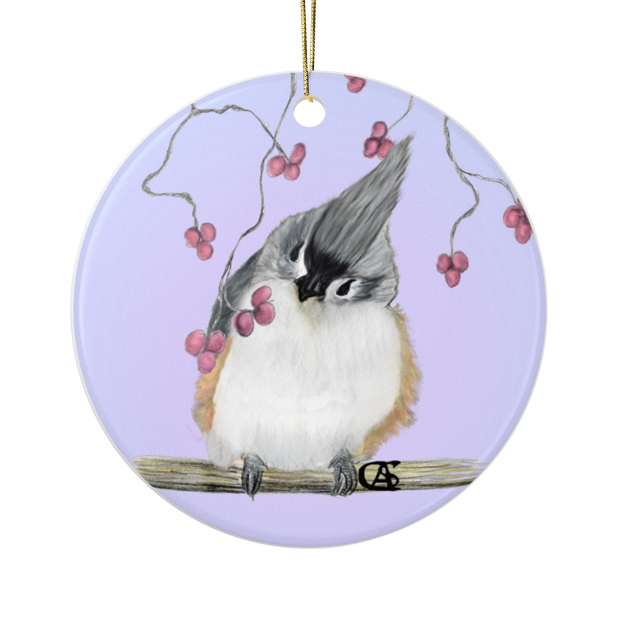 Tufted Titmouse Ceramic Ornament — Hand-Drawn Bird Christmas Decoration