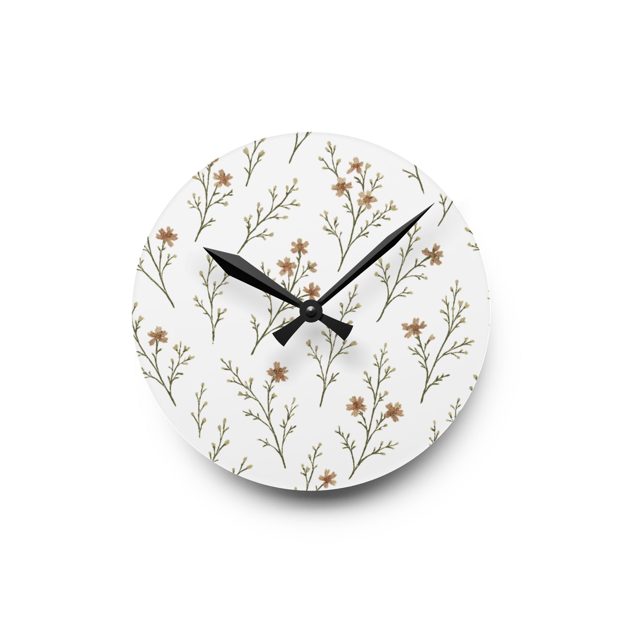Floral Sprig Acrylic Wall Clock — Minimal Botanical Home Decor