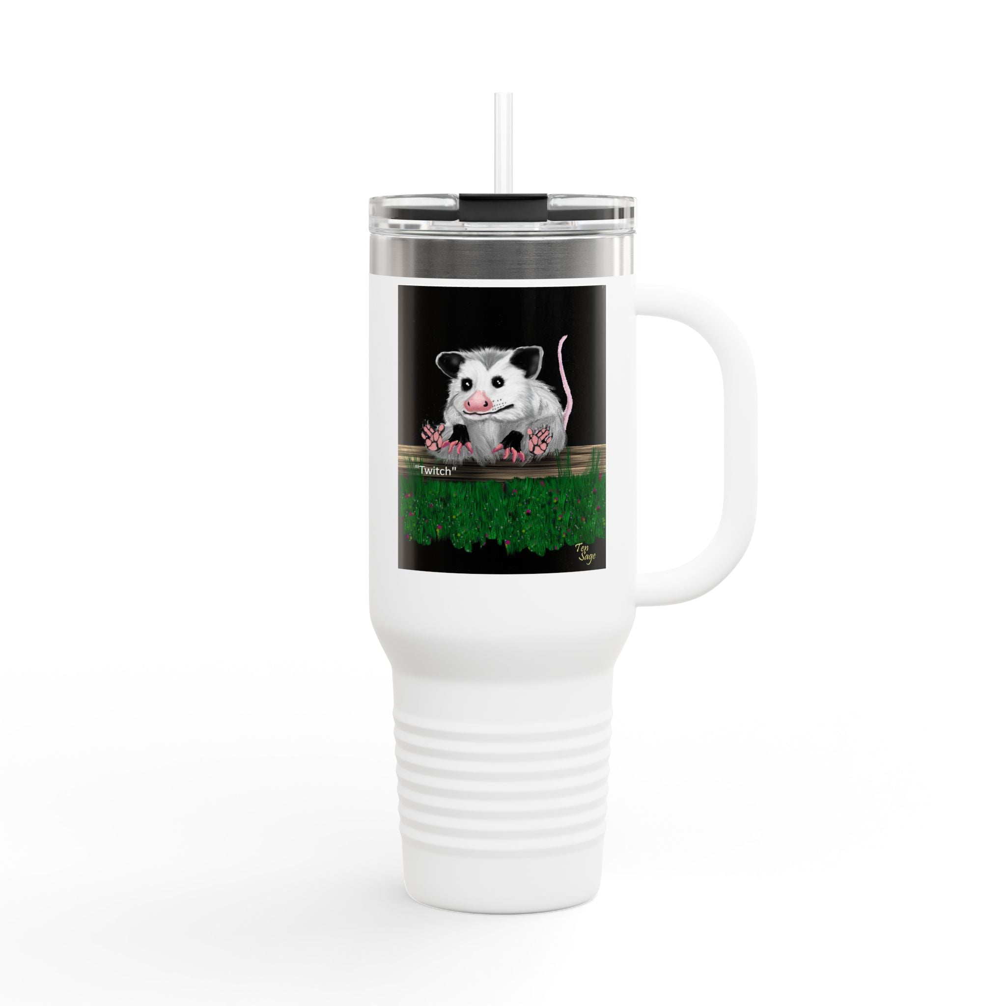 40oz Insulated Travel Mug — Cute Opossum on Moss Design