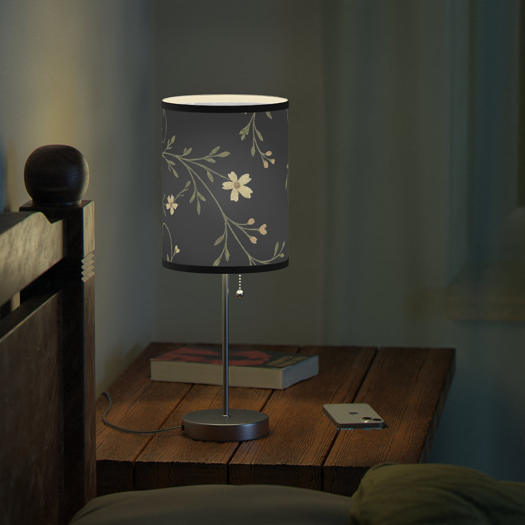 Floral Night Table Lamp – Black Botanical Print Lamp with Silver Stand (US/CA Plug)