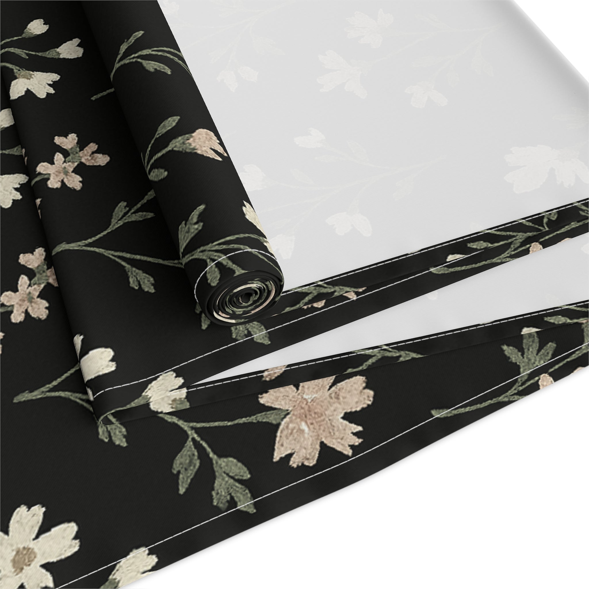 Floral Black Table Runner — Vintage Wildflower Cotton-Poly Blend