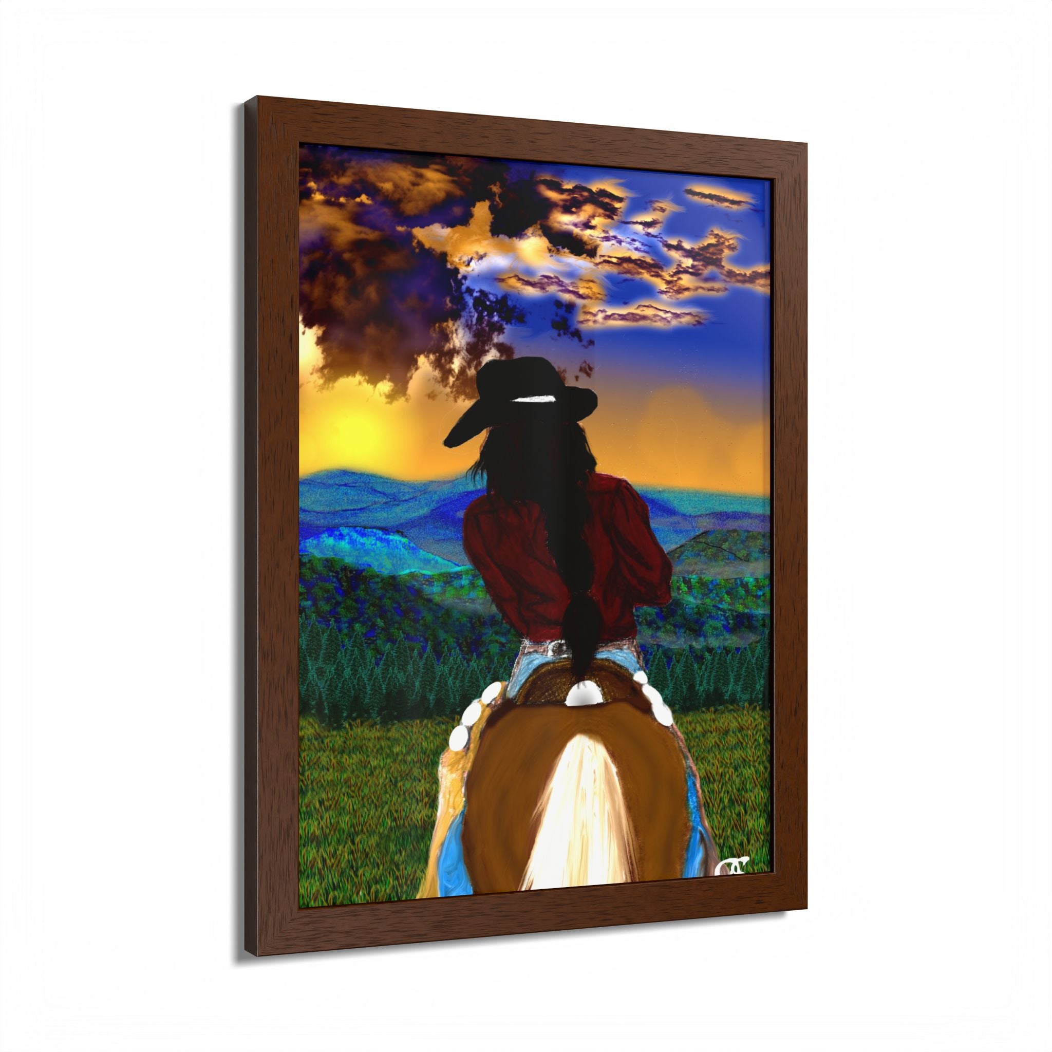 Cowgirl Riding At Sunset Framed Poster – Rider on Horseback Wall Art