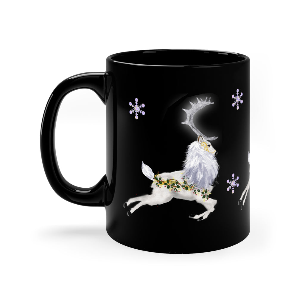 Holiday Reindeer Coffee Mug — Black 11oz with Snowflakes