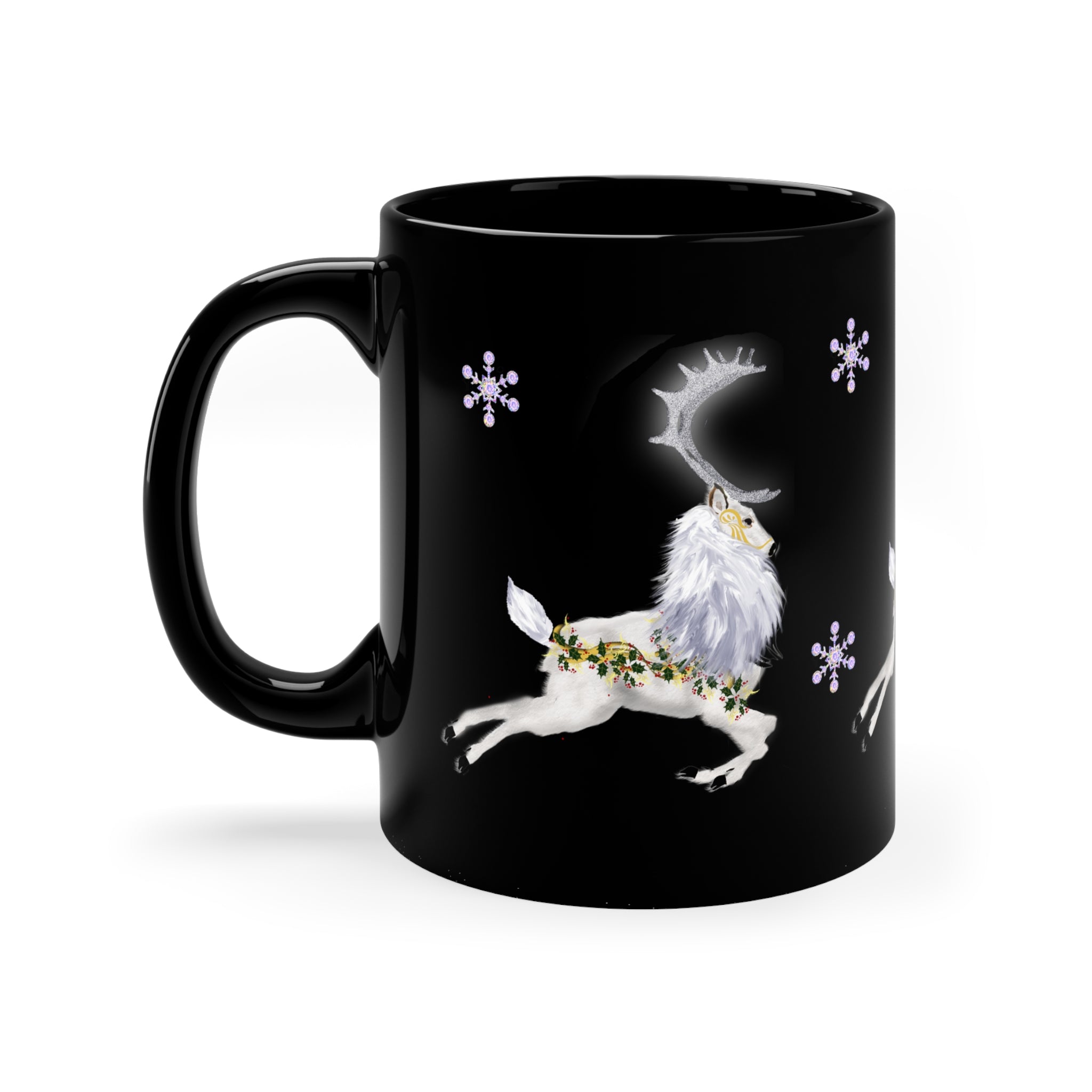 Holiday Reindeer Coffee Mug — Black 11oz with Snowflakes