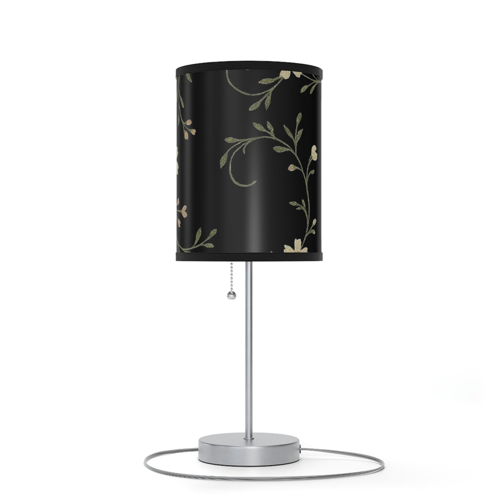 Floral Night Table Lamp – Black Botanical Print Lamp with Silver Stand (US/CA Plug)