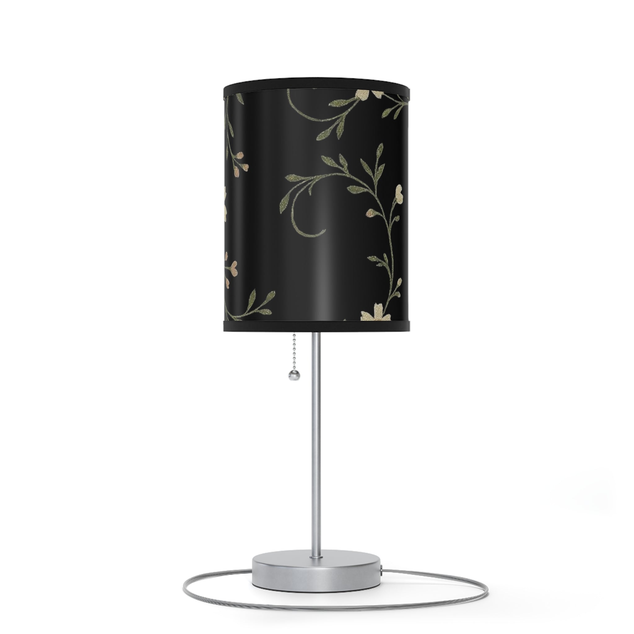 Floral Night Table Lamp – Black Botanical Print Lamp with Silver Stand (US/CA Plug)
