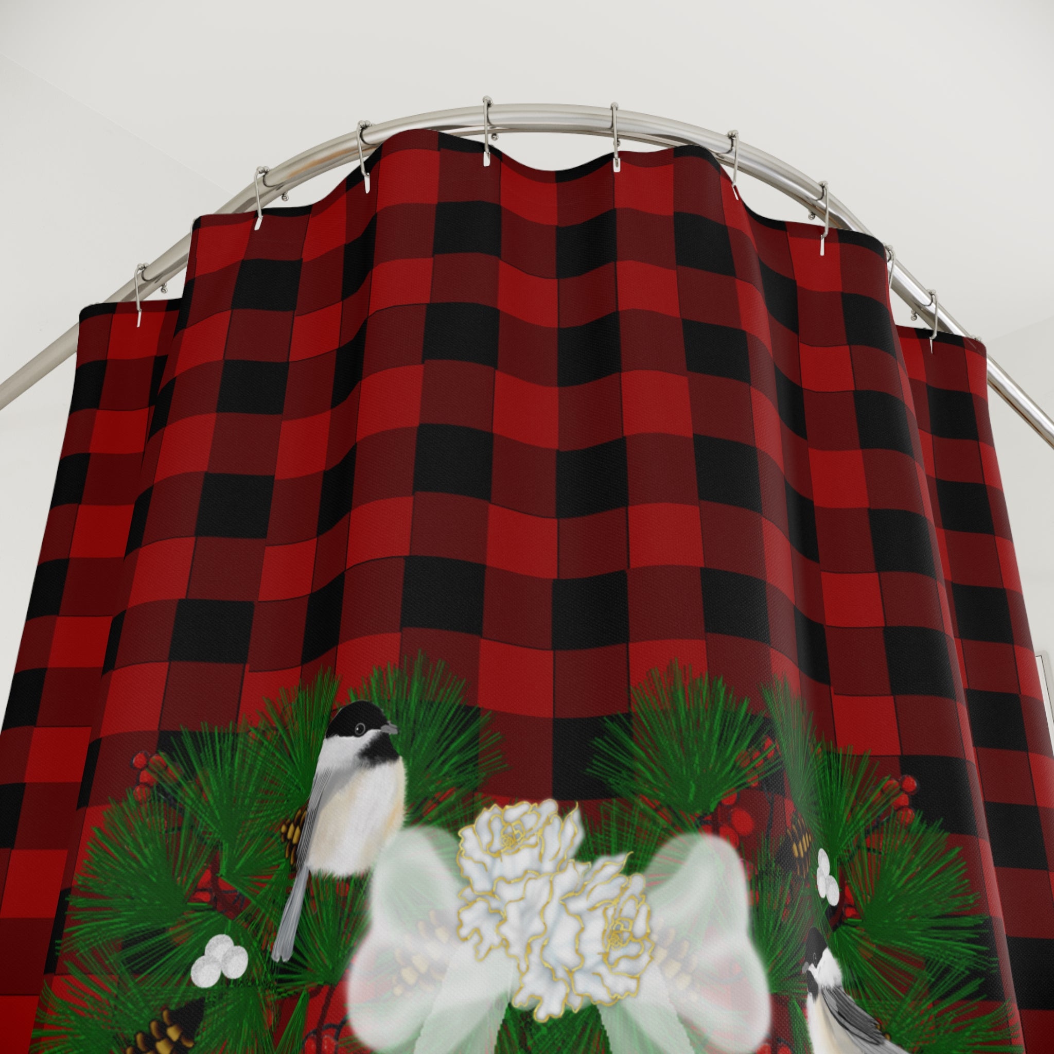 Holiday Buffalo Plaid Shower Curtain with Wreath & Chickadee Accent