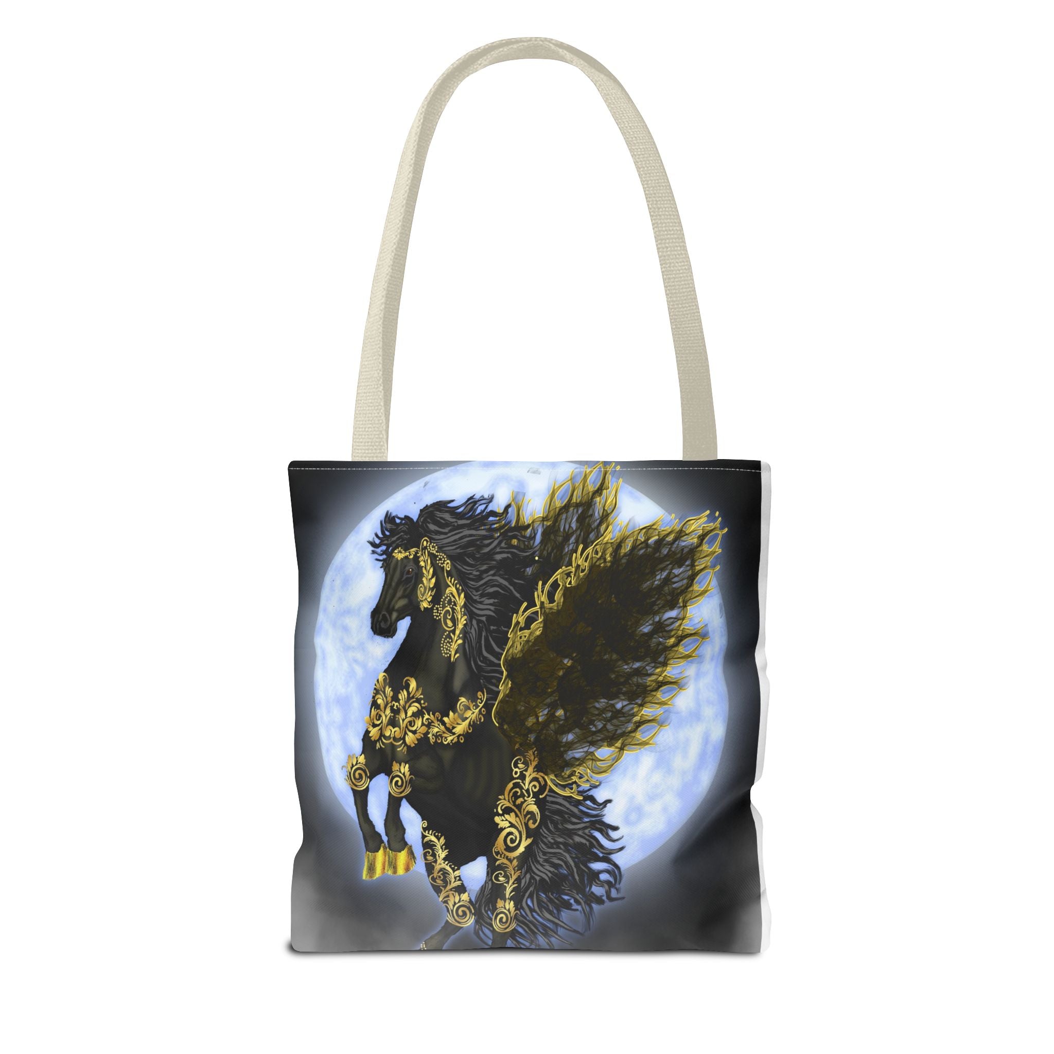 Moonlit Golden Pegasus Tote Bag — Black Winged Horse Art Tote