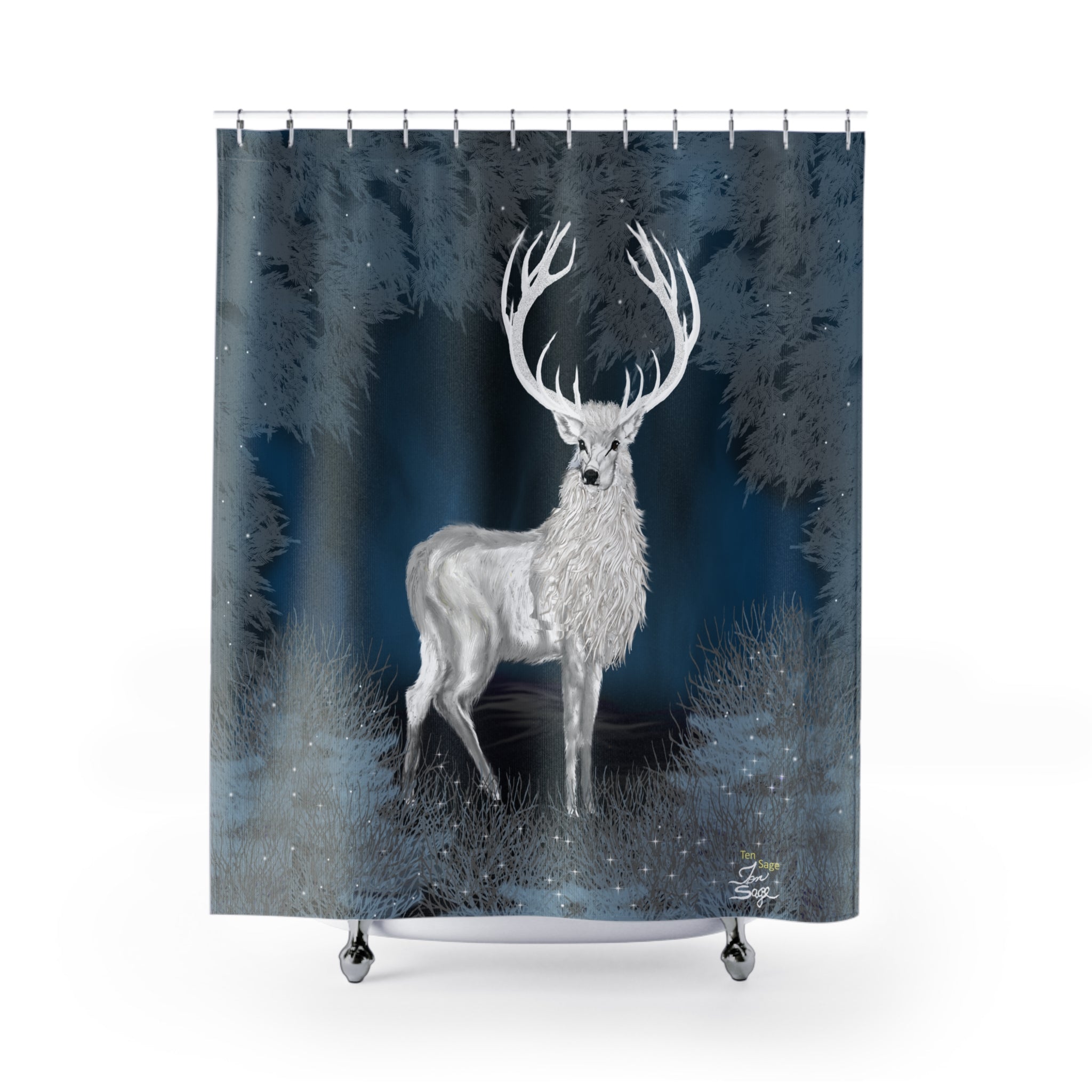 Mystical White Stag Shower Curtain – Winter Forest Bathroom Decor