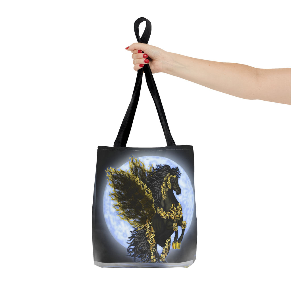 Moonlit Golden Pegasus Tote Bag — Black Winged Horse Art Tote