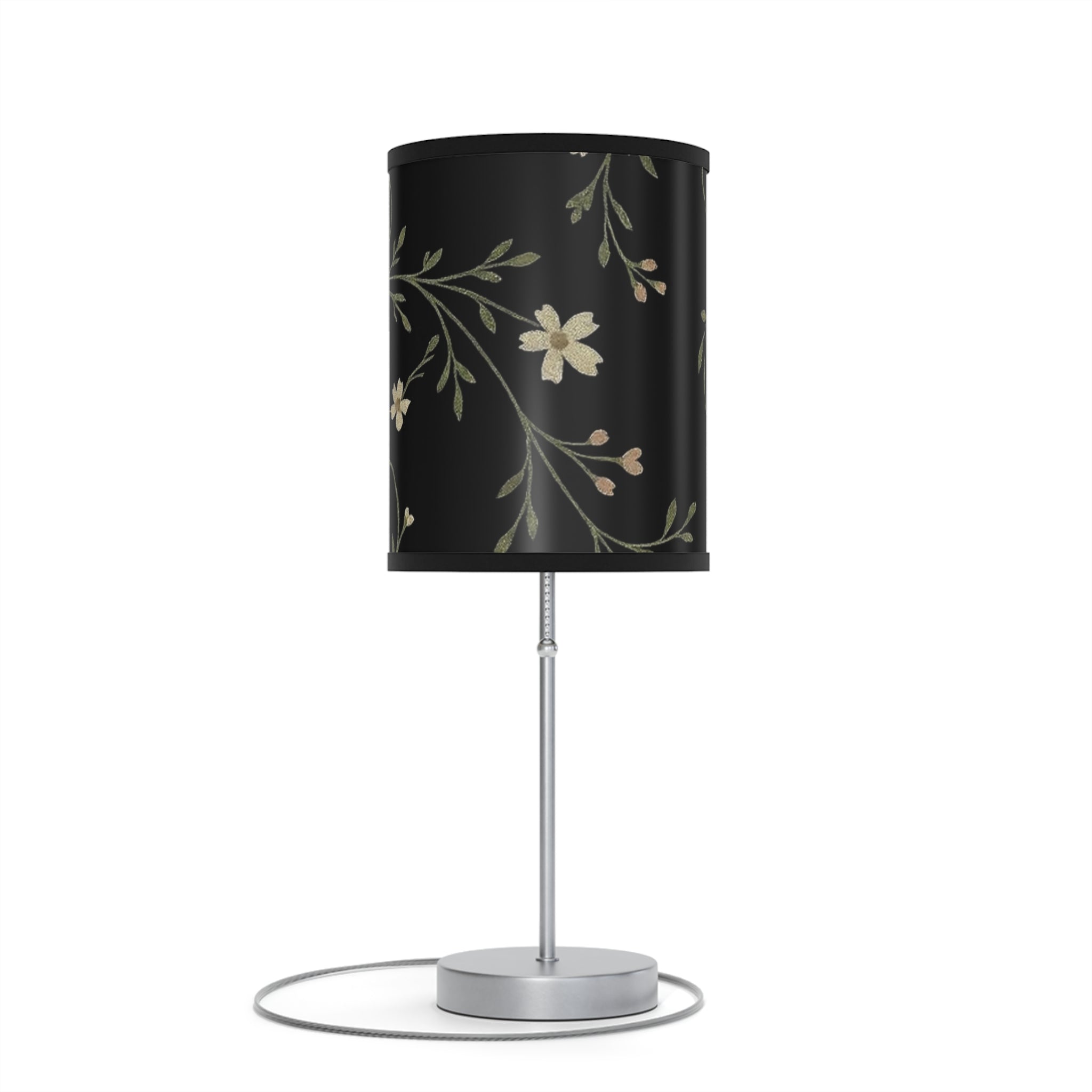 Floral Night Table Lamp – Black Botanical Print Lamp with Silver Stand (US/CA Plug)