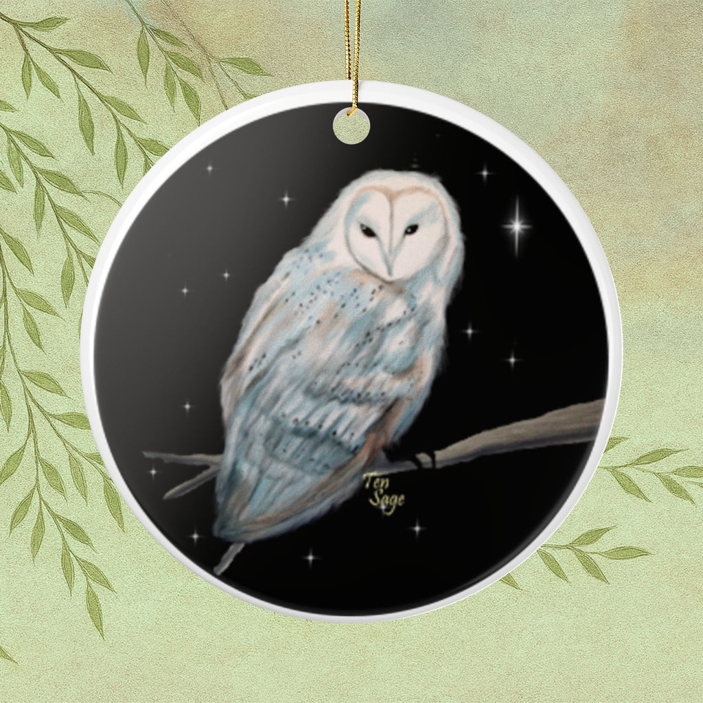 Barn Owl Ceramic Ornament — Two-Sided Night Sky Holiday Decoration