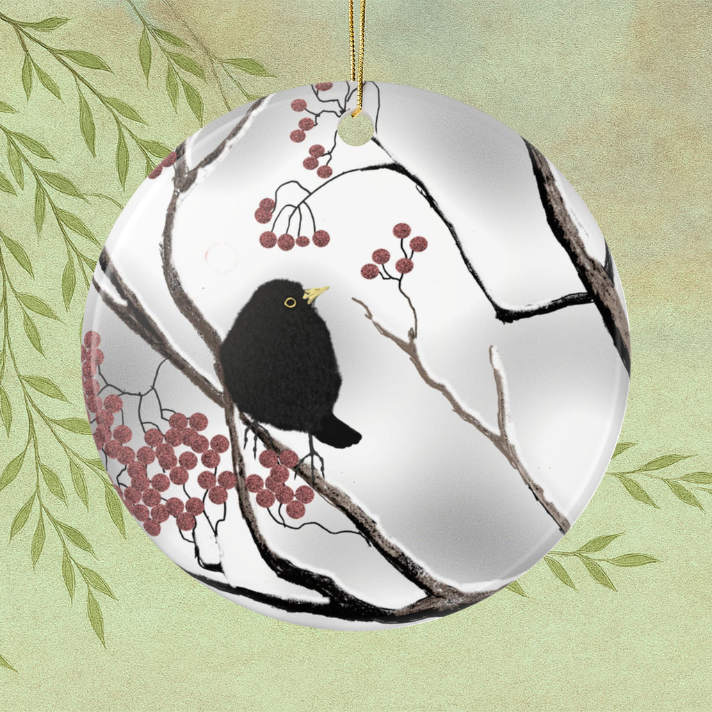 Blackbird & Berry Ceramic Ornament — Double-Sided Holiday Tree Decoration