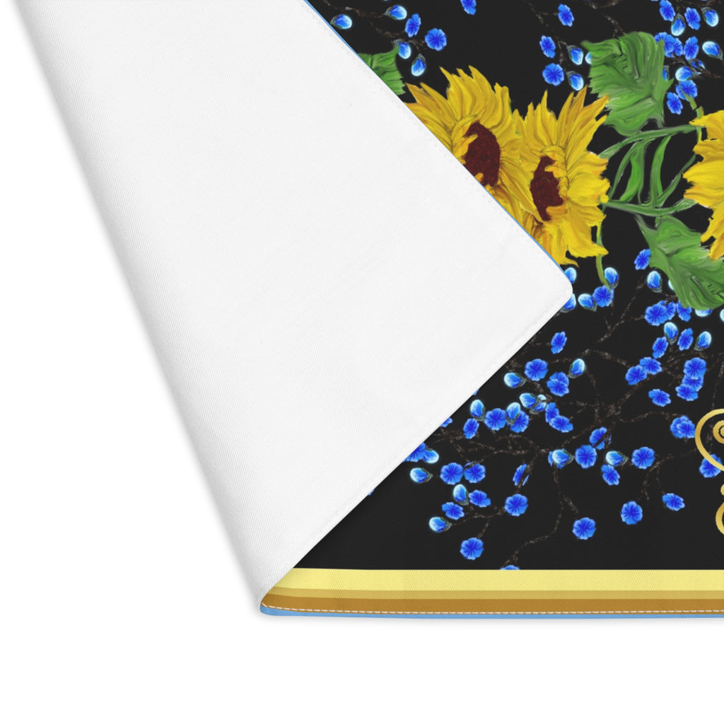 Sunflower & Forget Me Not Place mat — Decorative Table Mat with Gold Corner Accents