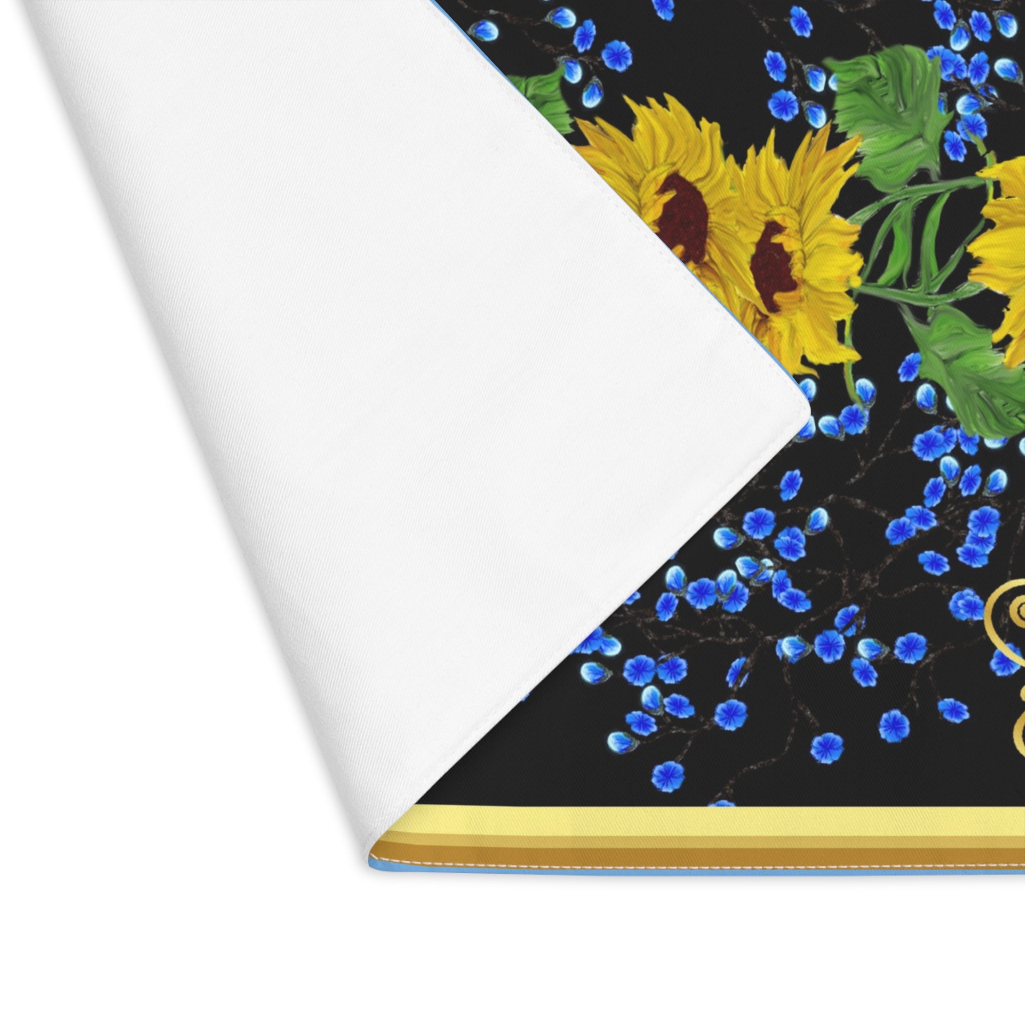 Sunflower & Forget Me Not Place mat — Decorative Table Mat with Gold Corner Accents