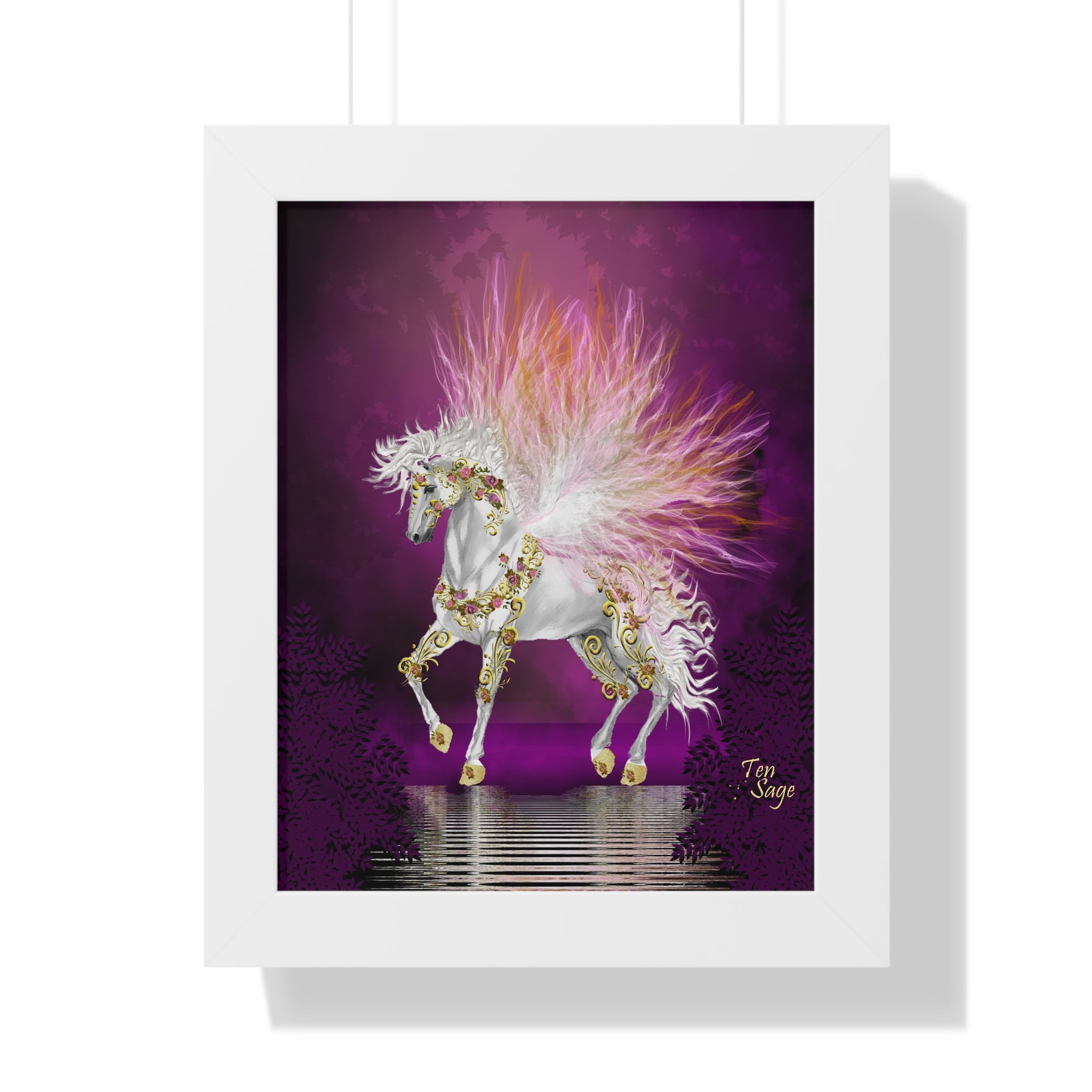 Framed Unicorn Art Print — Magical White Horse Poster with Pink Plumage
