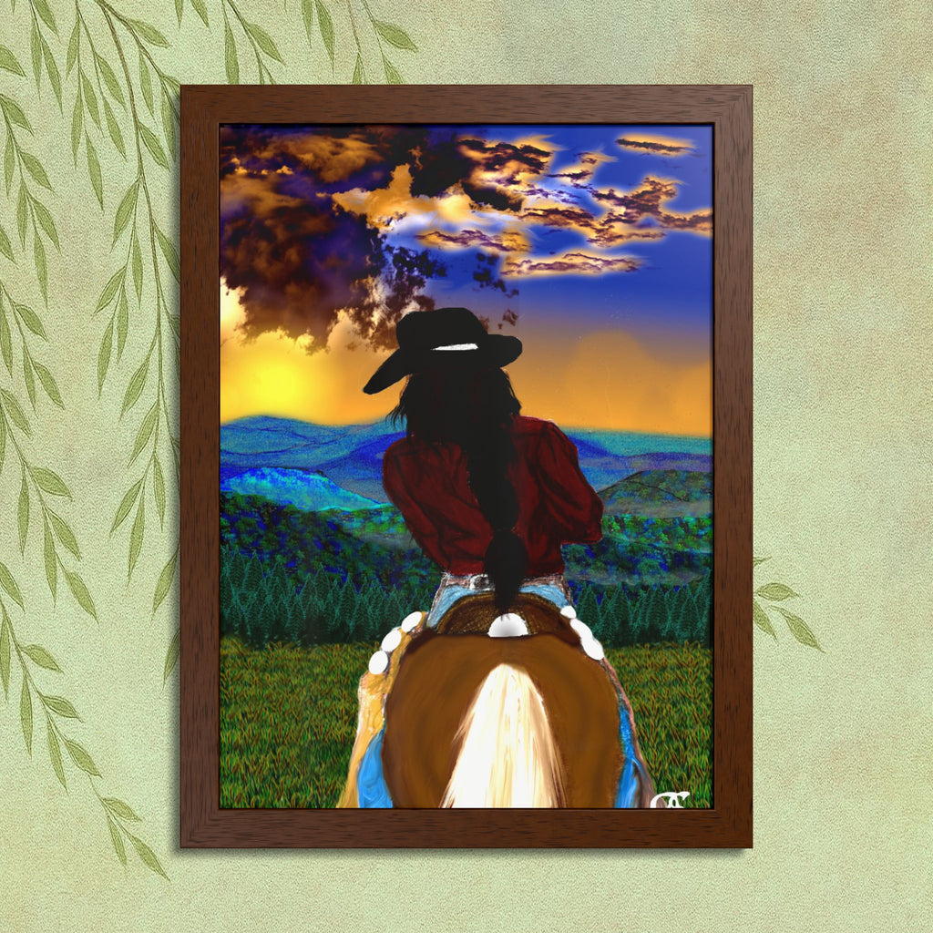 Cowgirl Riding At Sunset Framed Poster – Rider on Horseback Wall Art
