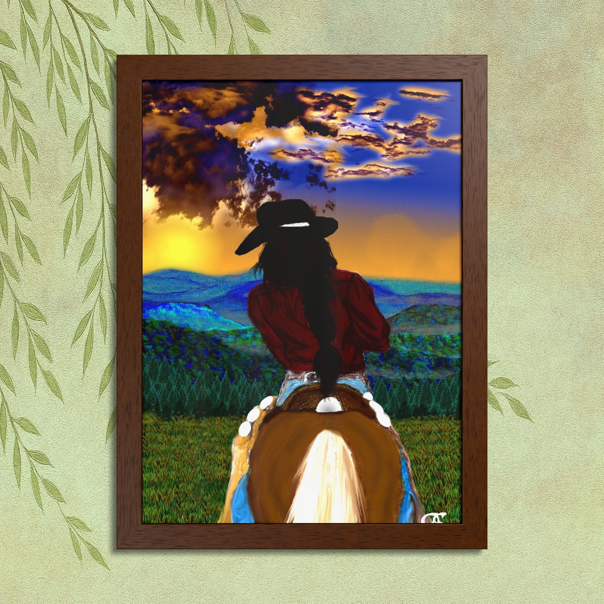 Cowgirl Riding At Sunset Framed Poster – Rider on Horseback Wall Art