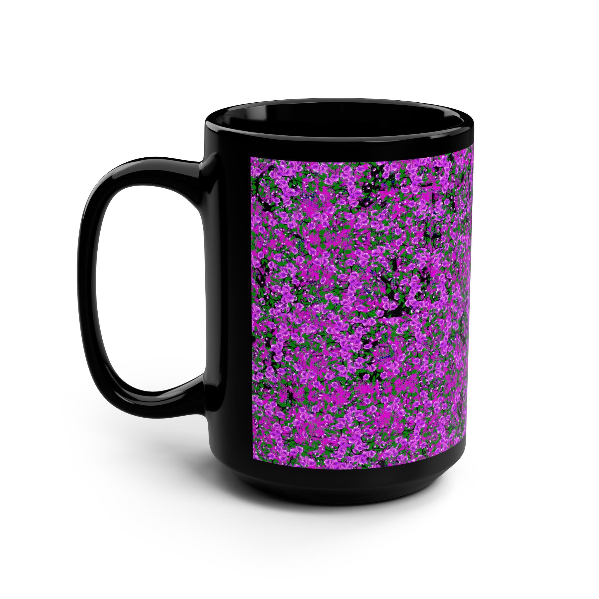 15oz Black Mug — Vibrant Purple Floral Pattern Coffee Cup