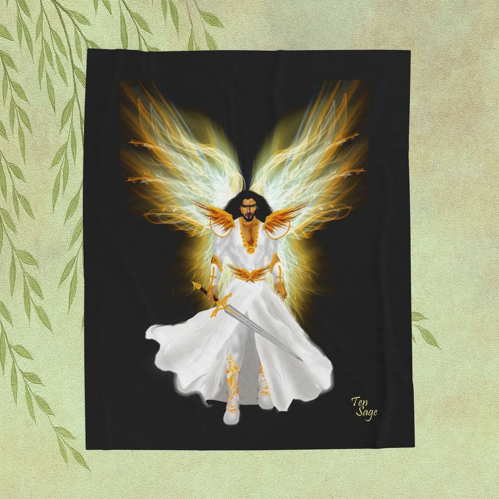Angel Warrior Velveteen Plush Blanket — Golden Guardian with Sword