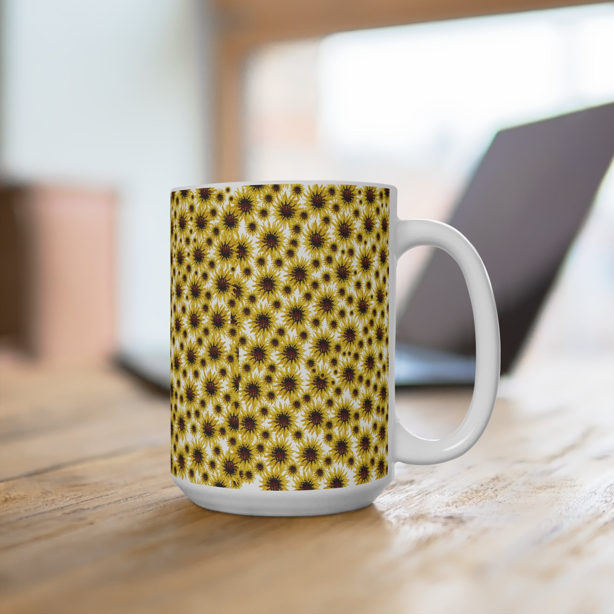 Sunflower Covered Coffee Mug — 15oz Ceramic Floral Tea Cup