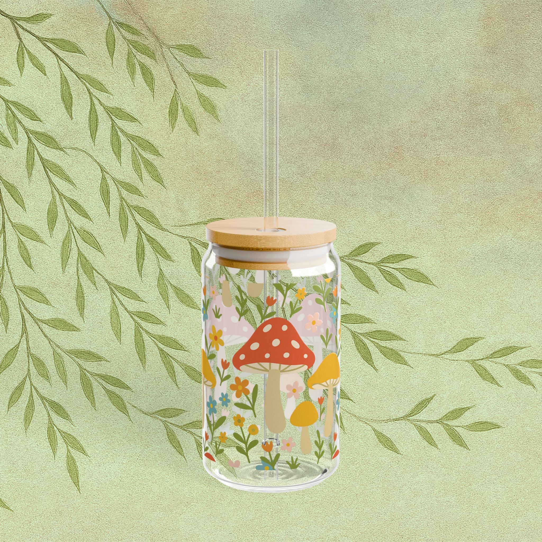 Mushroom Meadow 16oz Glass Sipper — Floral Drink Jar with Bamboo Lid & Straw