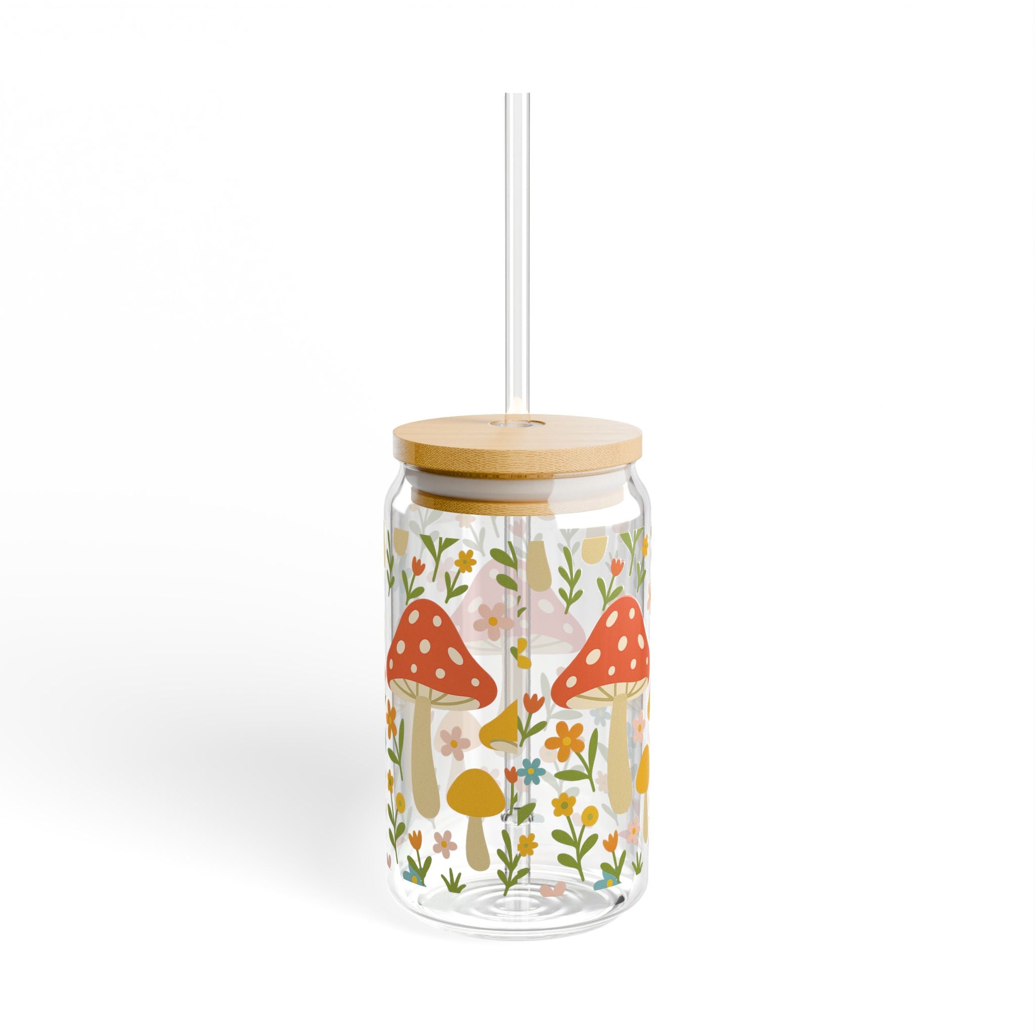 Mushroom Meadow 16oz Glass Sipper — Floral Drink Jar with Bamboo Lid & Straw