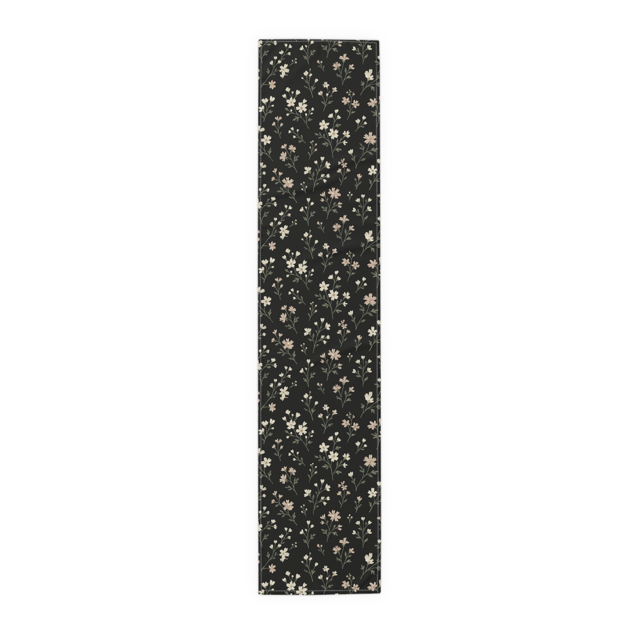 Floral Black Table Runner — Vintage Wildflower Cotton-Poly Blend