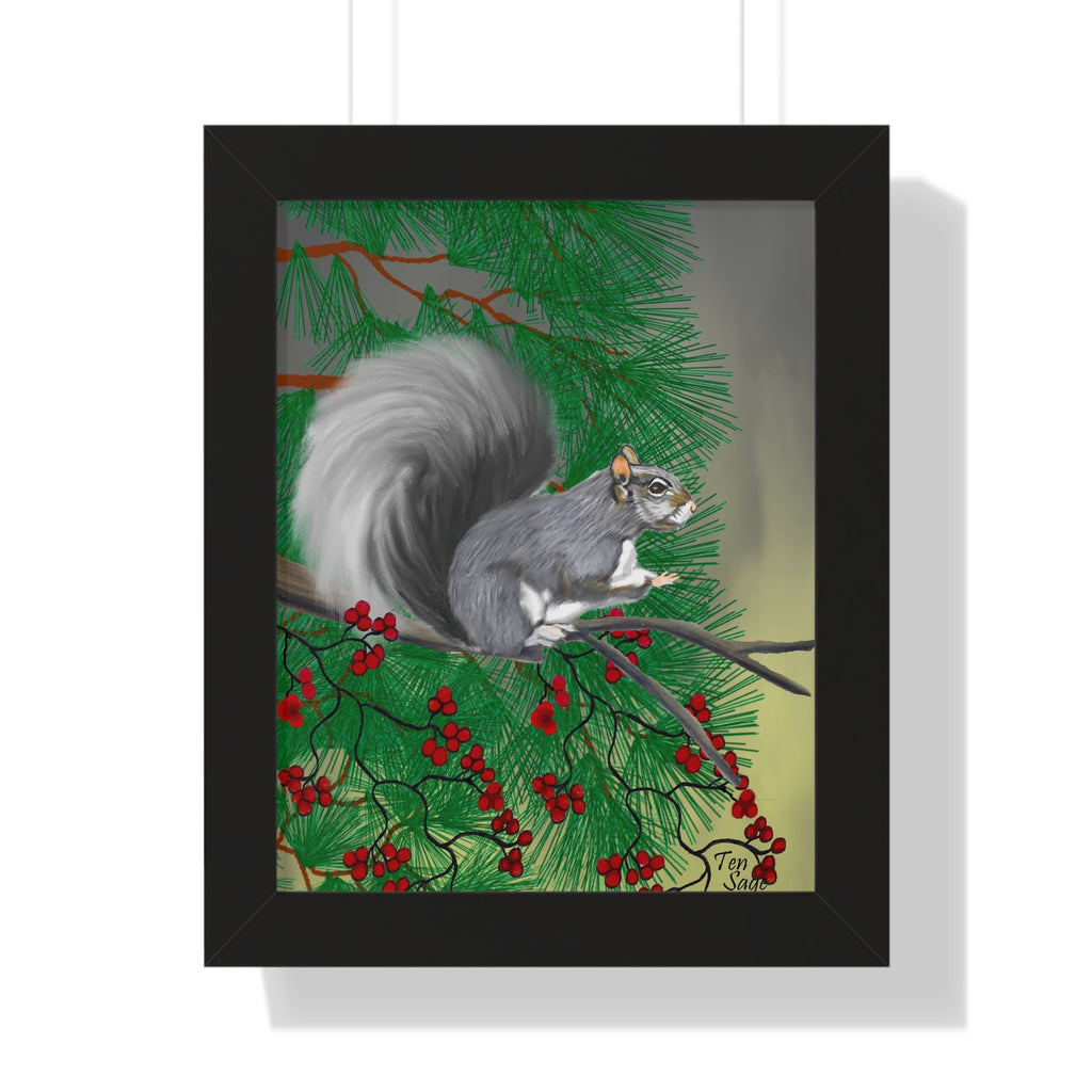 Framed Poster — Gray Squirrel & Holly Winter Art Print