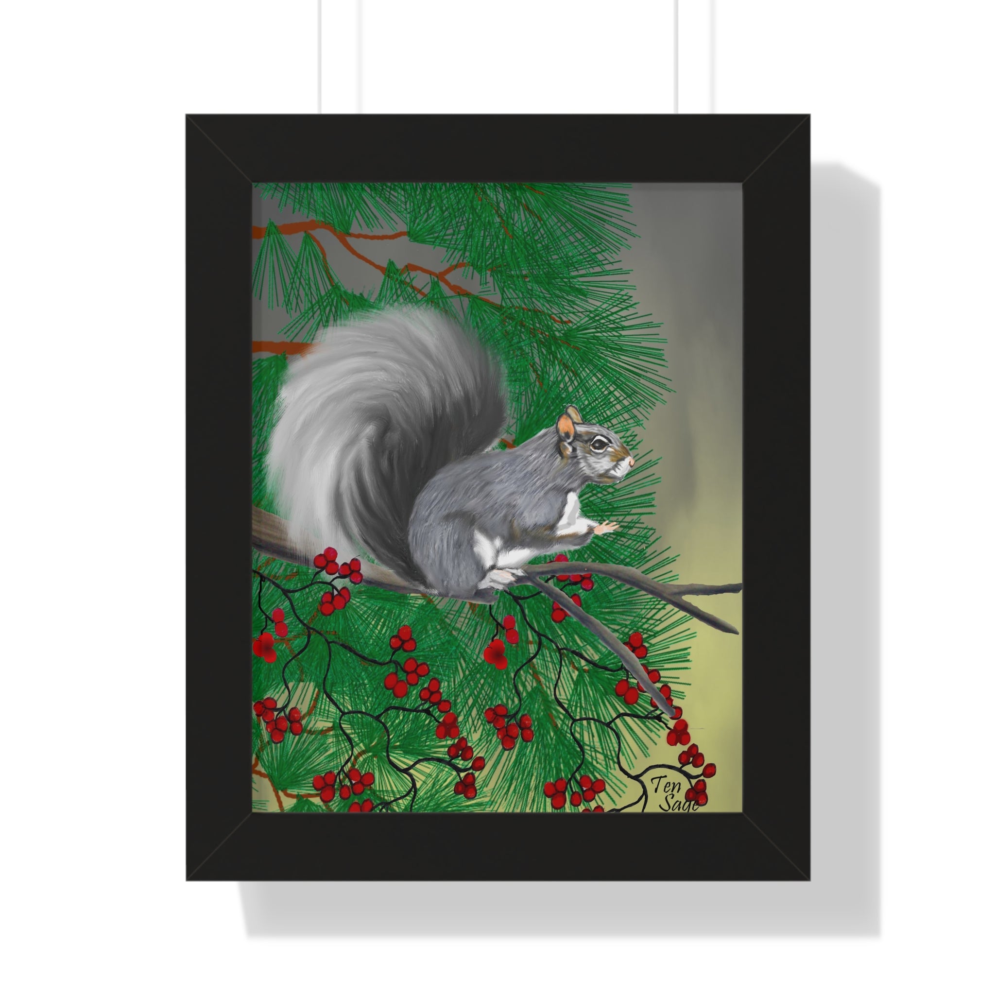 Framed Poster — Gray Squirrel & Holly Winter Art Print