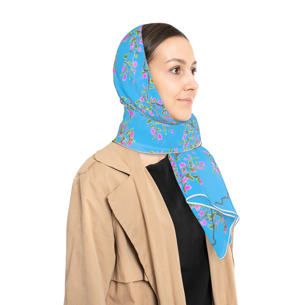 Blossom Breeze Scarf — Blue Cherry Blossom Floral Poly Scarf