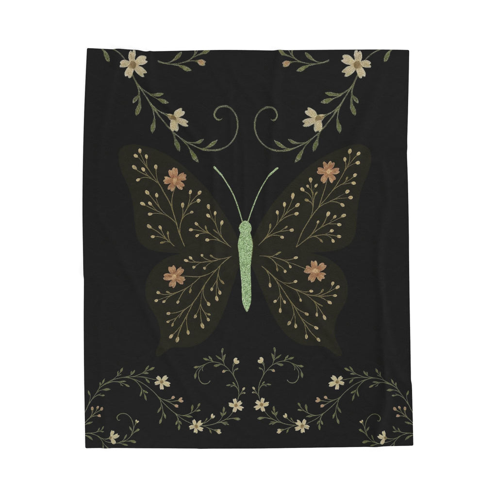 Botanical Butterfly Velveteen Plush Blanket – Floral Night Garden Throw