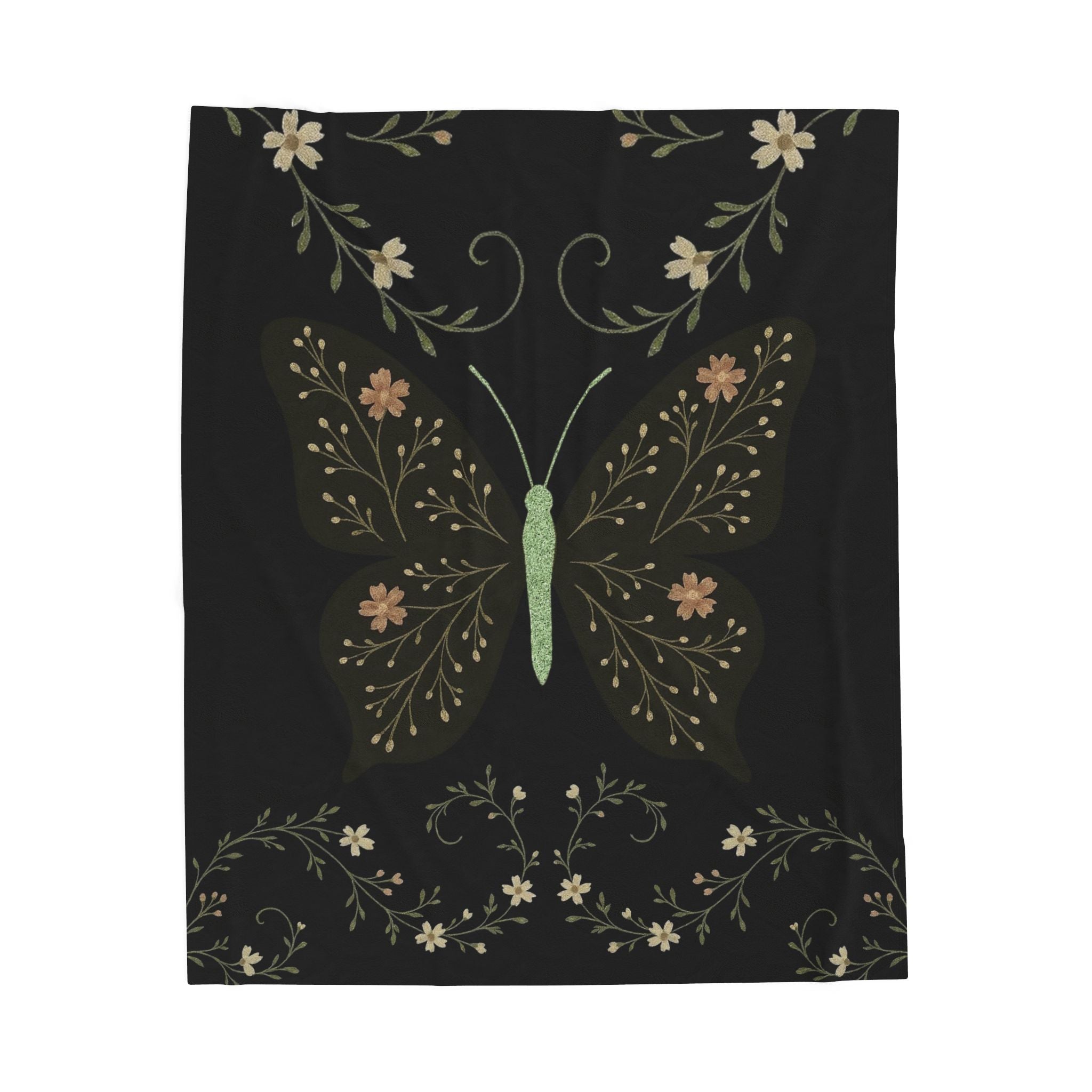 Botanical Butterfly Velveteen Plush Blanket – Floral Night Garden Throw