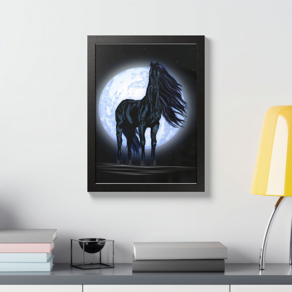 Moonlit Black Horse Framed Poster — Mystical Night Stallion Wall Art