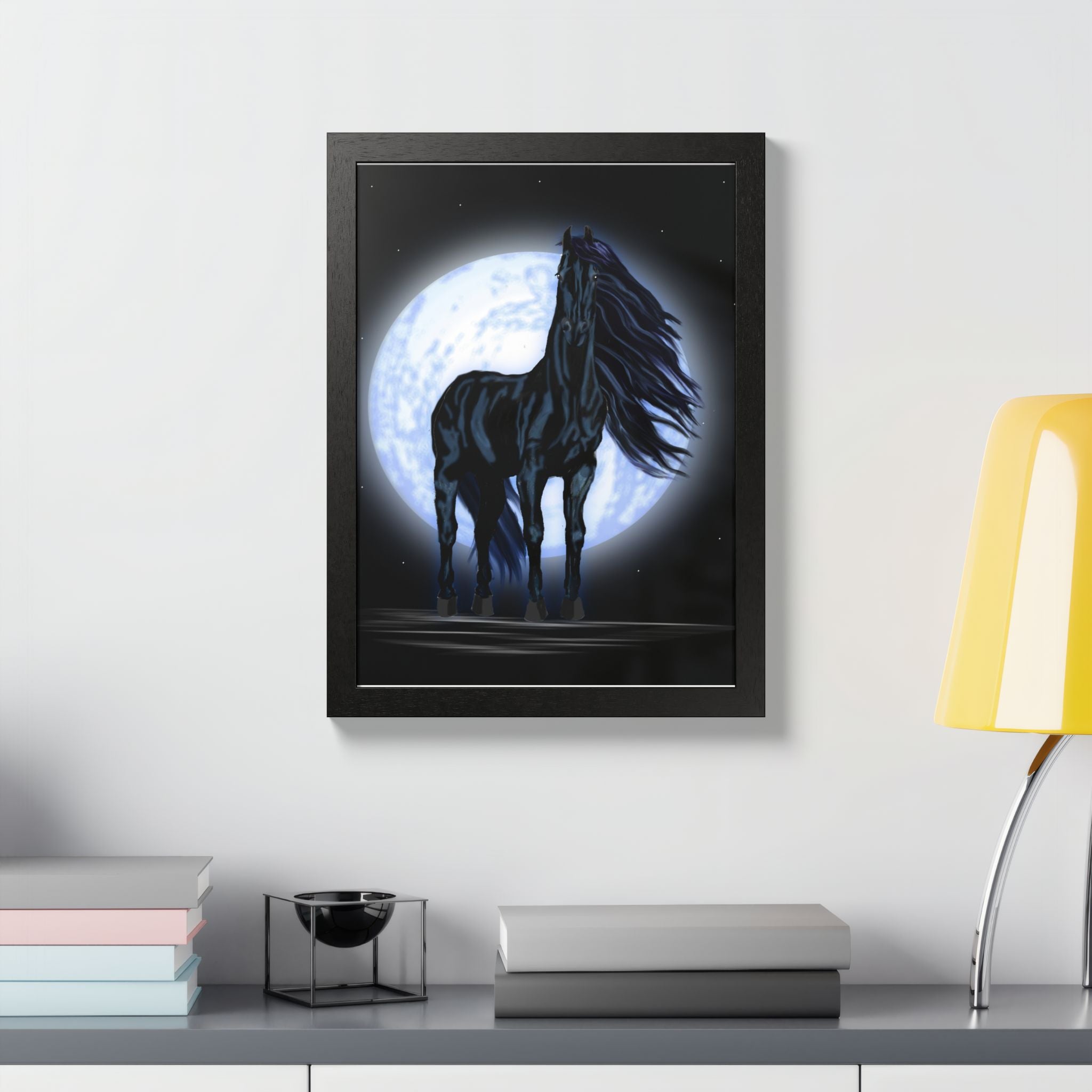 Moonlit Black Horse Framed Poster — Mystical Night Stallion Wall Art