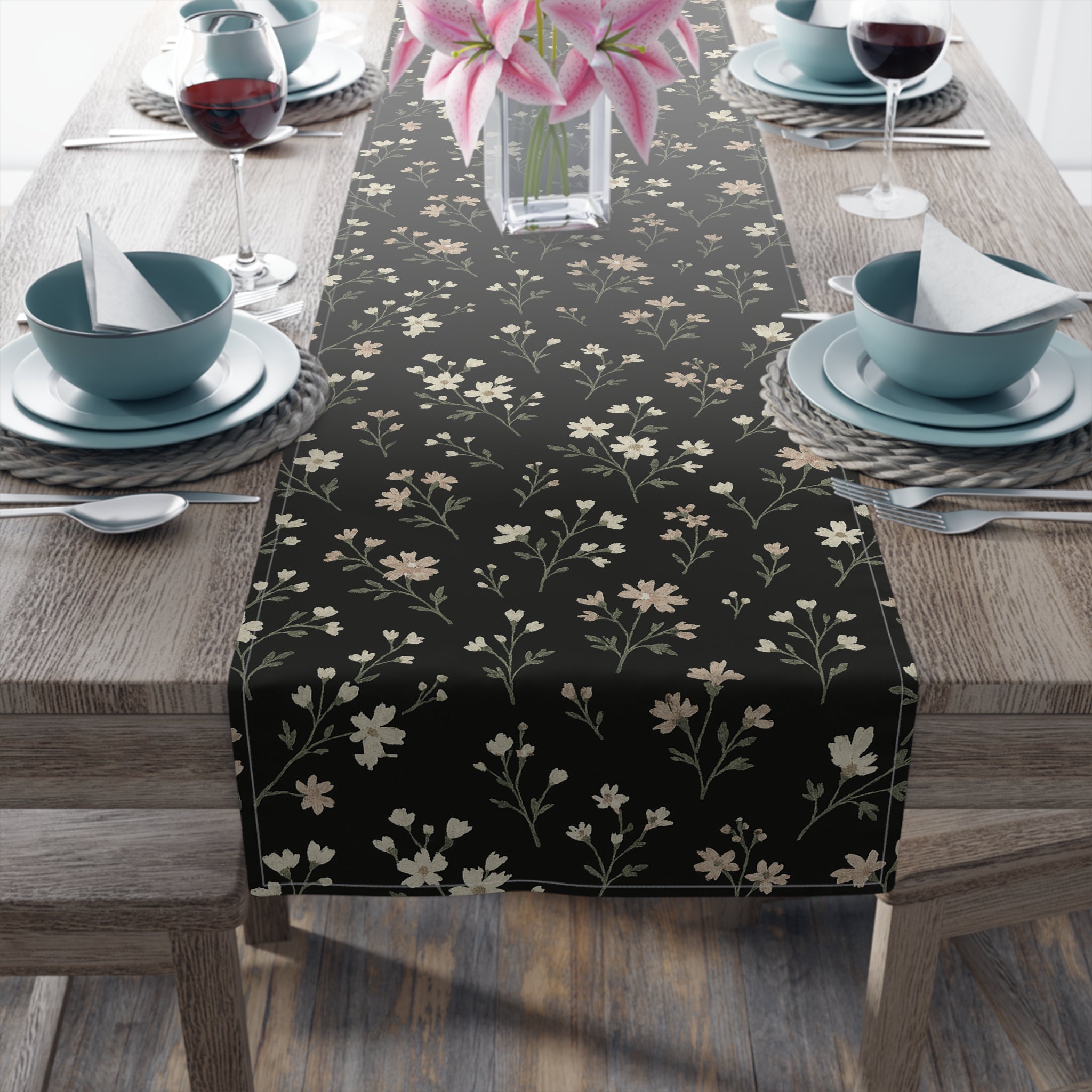 Floral Black Table Runner — Vintage Wildflower Cotton-Poly Blend