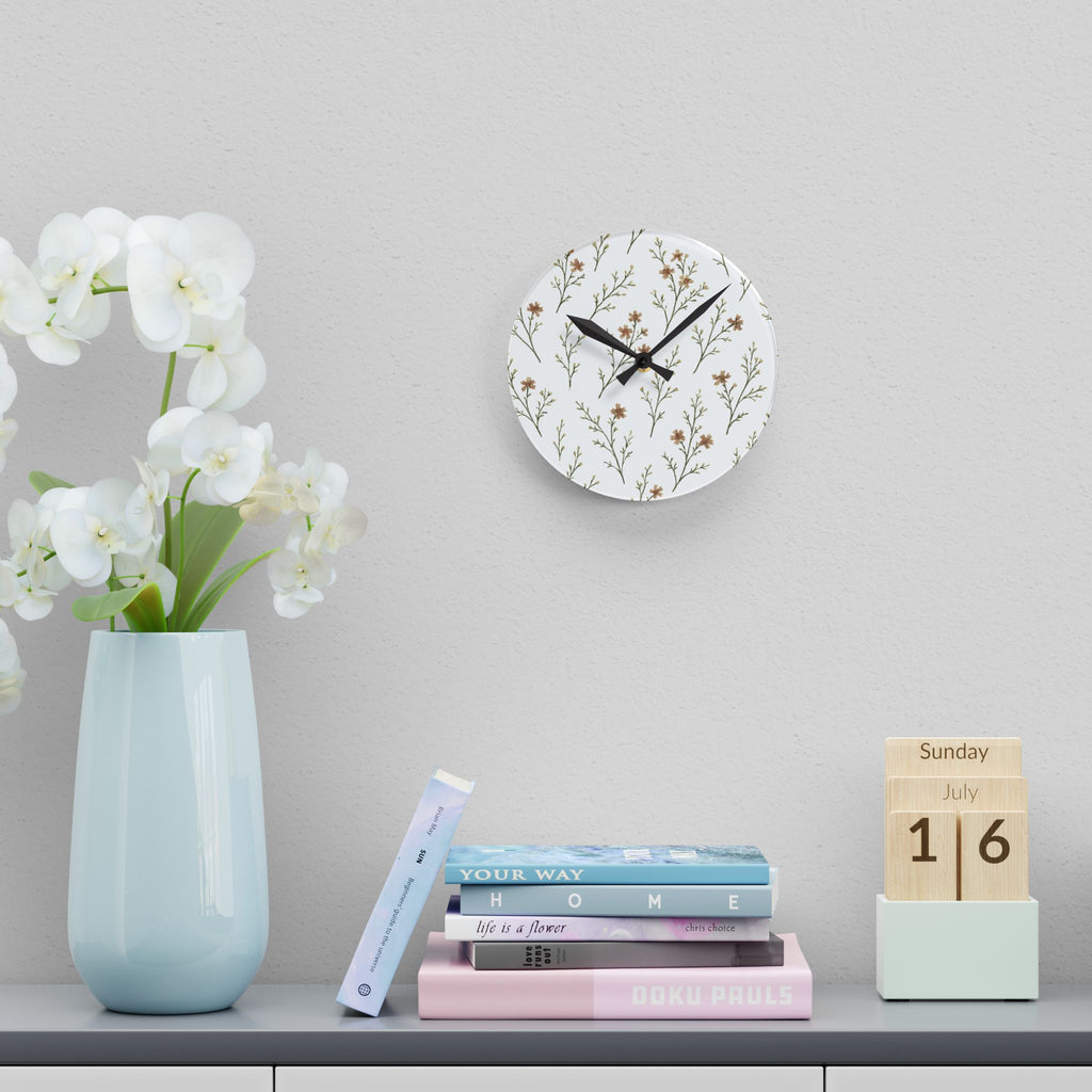 Floral Sprig Acrylic Wall Clock — Minimal Botanical Home Decor