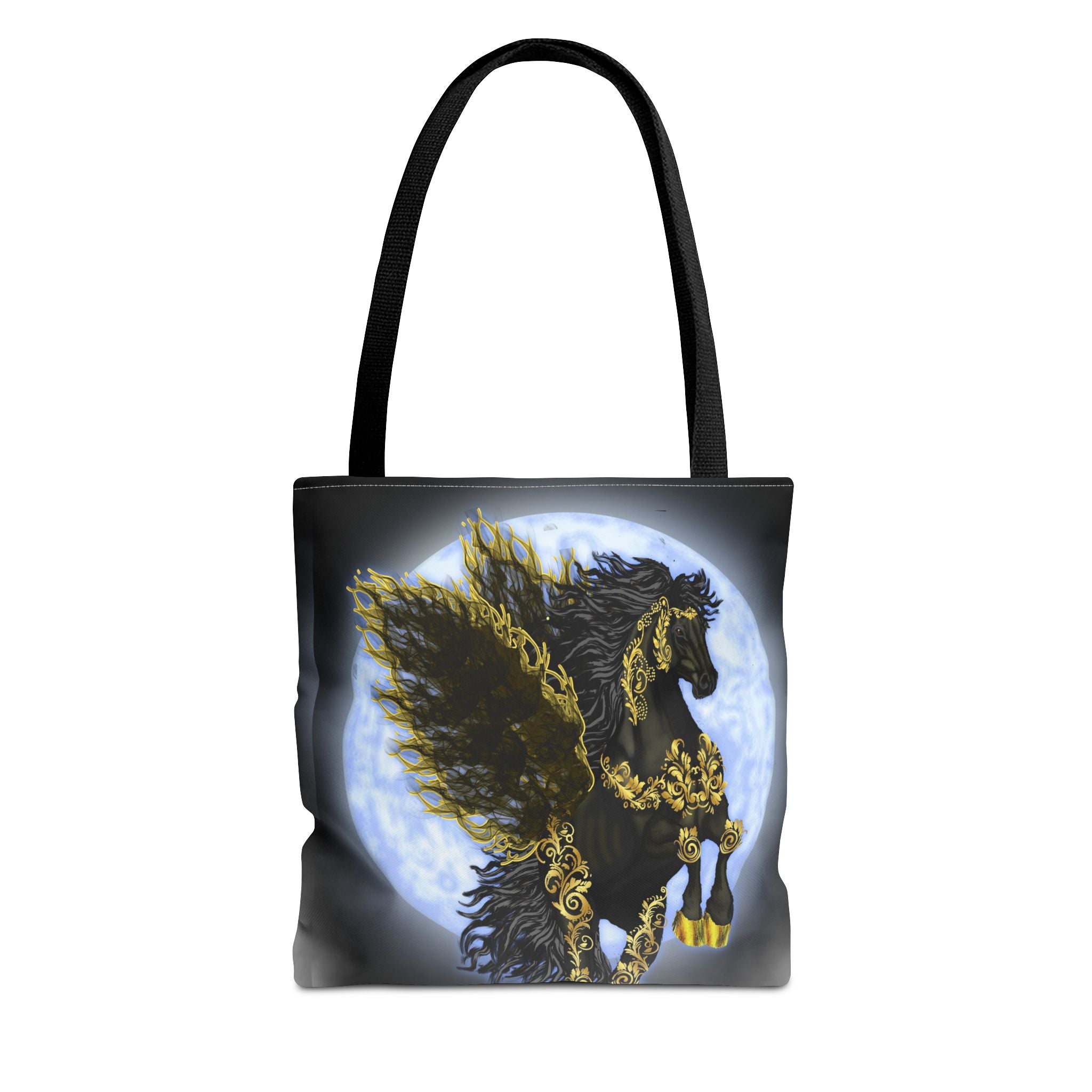 Moonlit Golden Pegasus Tote Bag — Black Winged Horse Art Tote