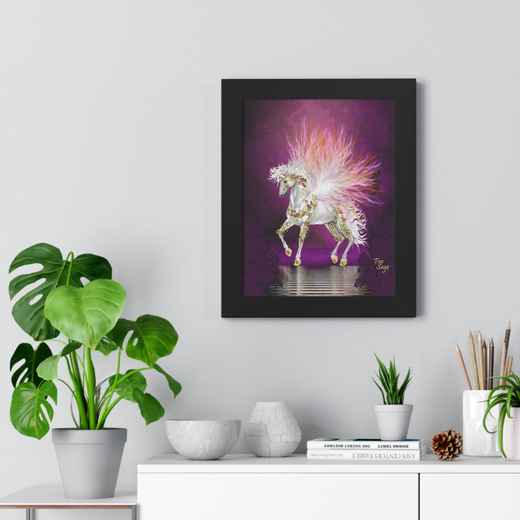Framed Unicorn Art Print — Magical White Horse Poster with Pink Plumage