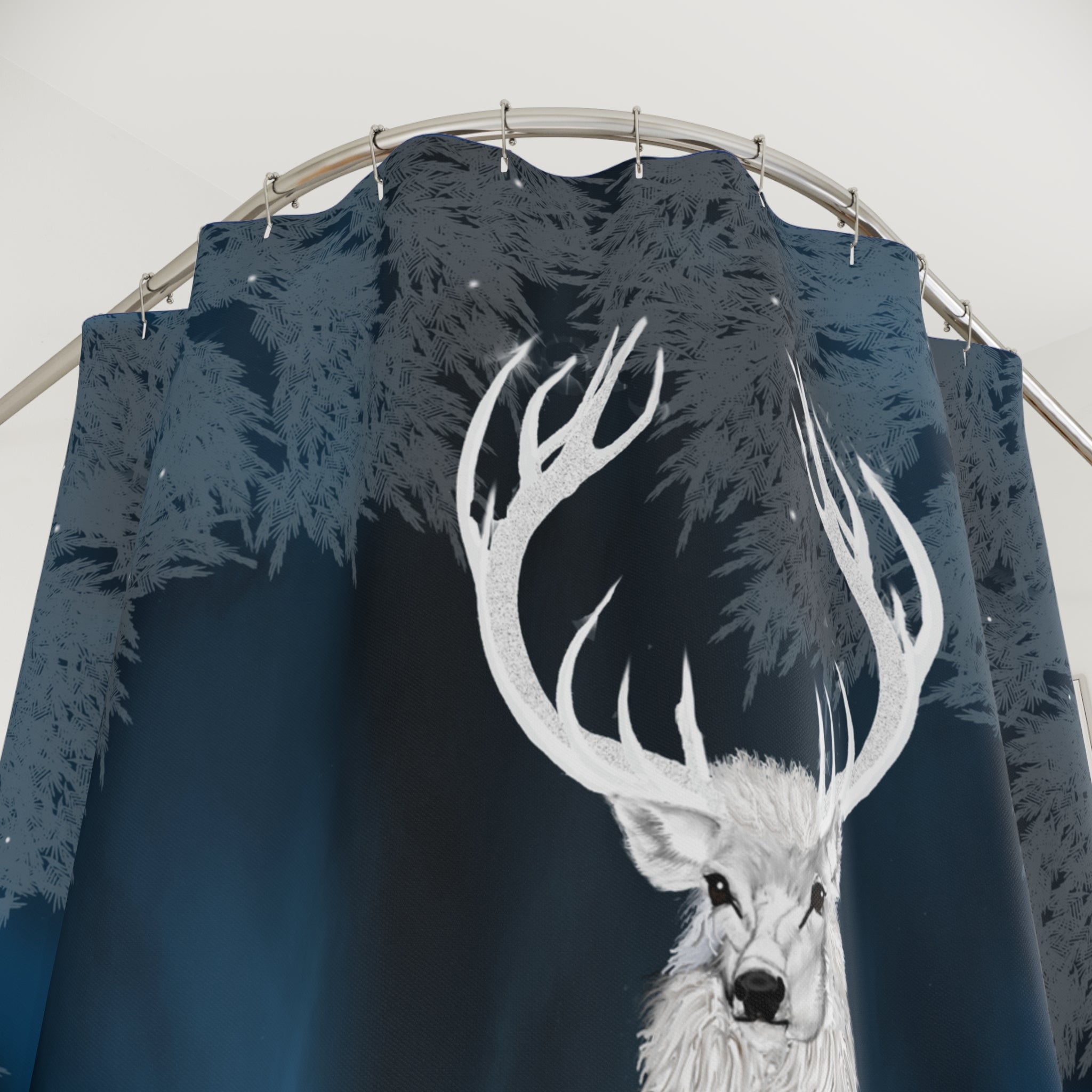 Mystical White Stag Shower Curtain – Winter Forest Bathroom Decor