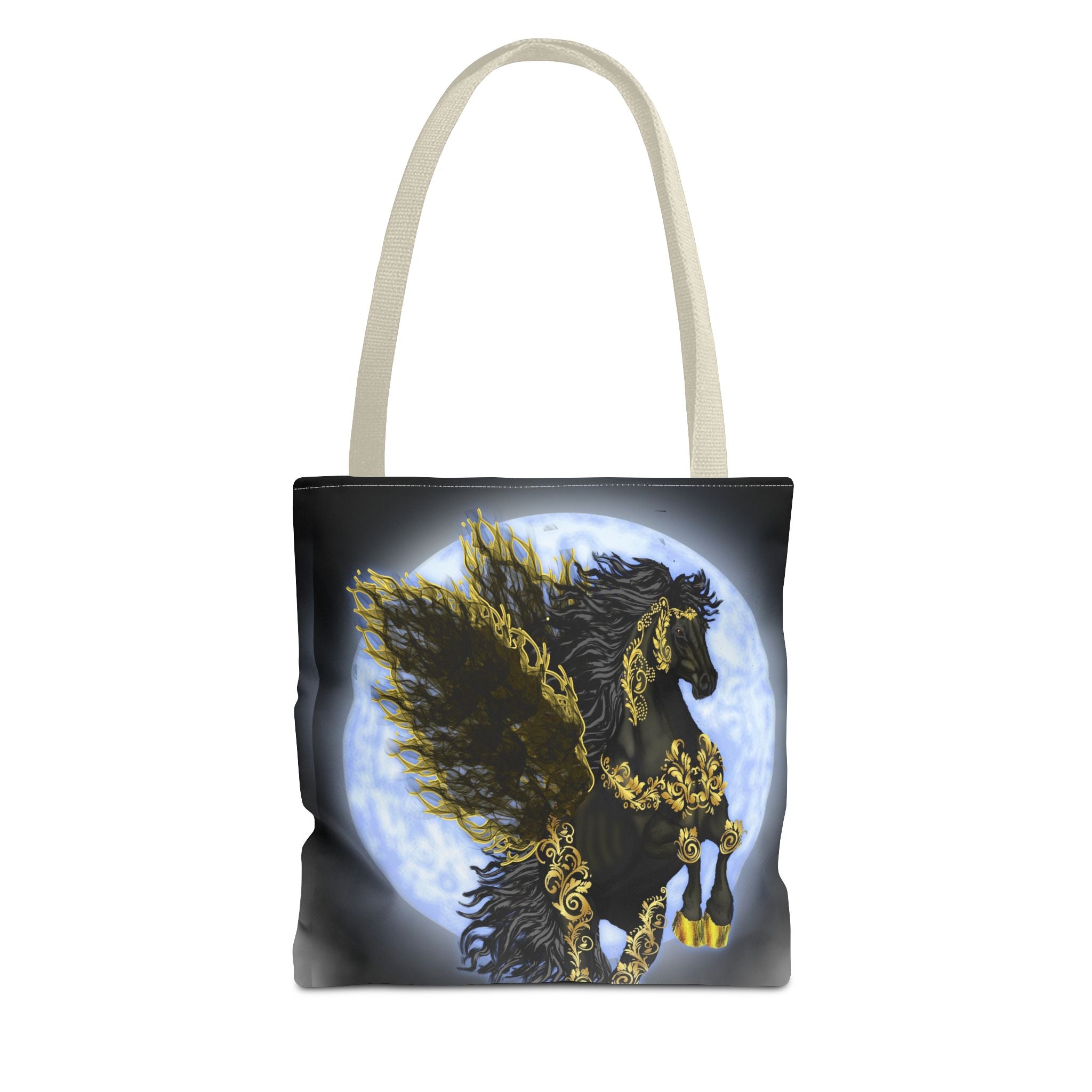 Moonlit Golden Pegasus Tote Bag — Black Winged Horse Art Tote