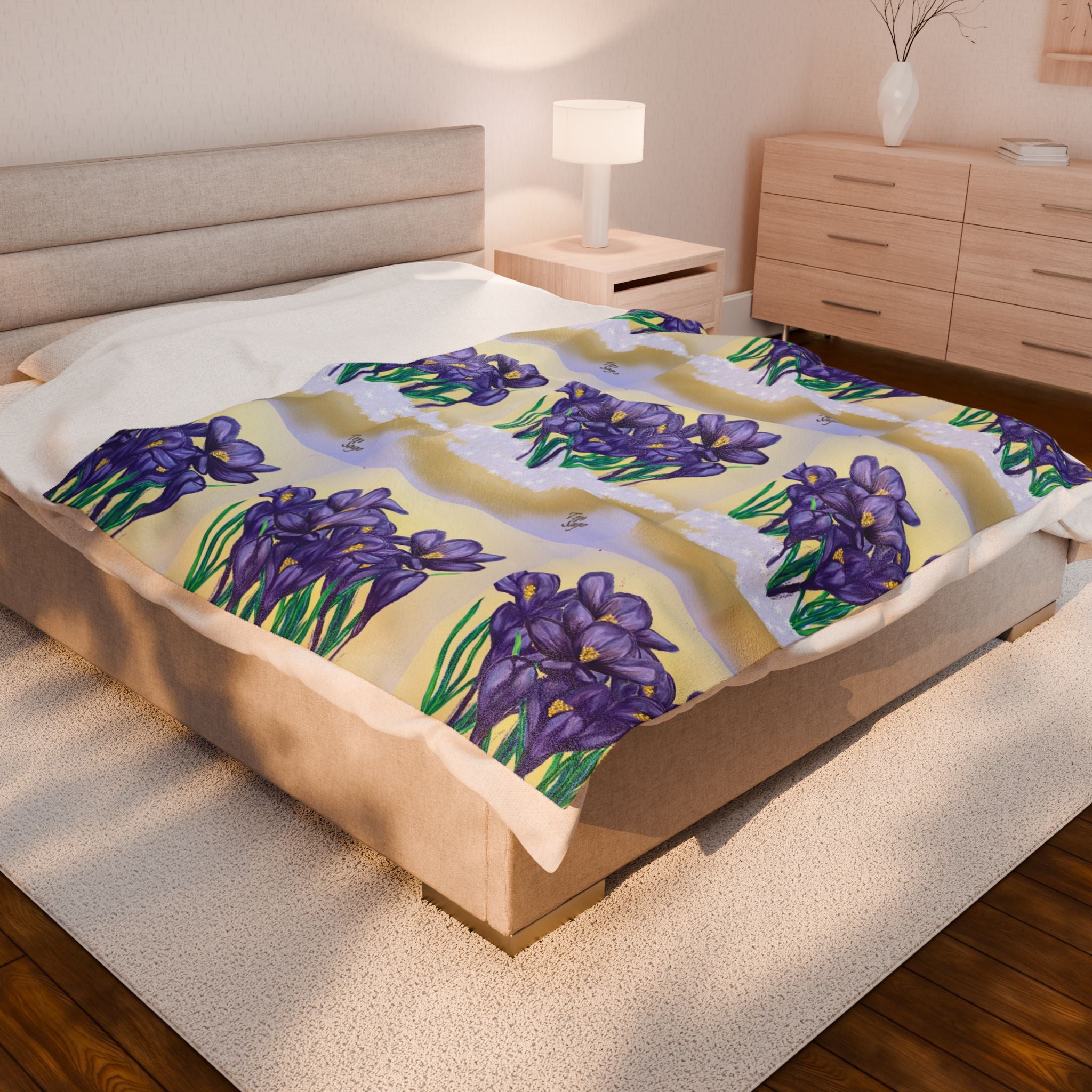 Velveteen Plush Blanket — Purple Crocus Floral Throw, Cozy Botanical Spring Gift