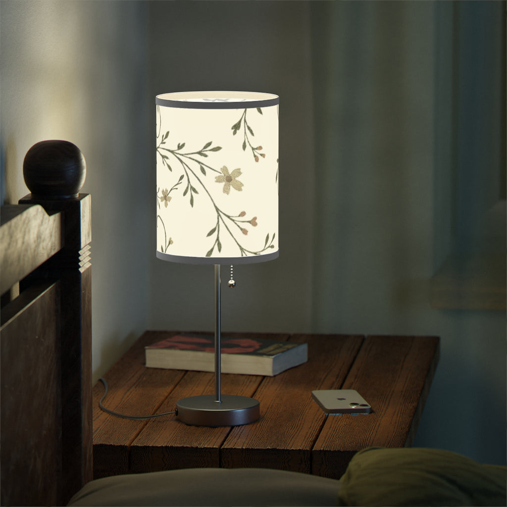 Floral Night Table Lamp – Black Botanical Print Lamp with Silver Stand (US/CA Plug)