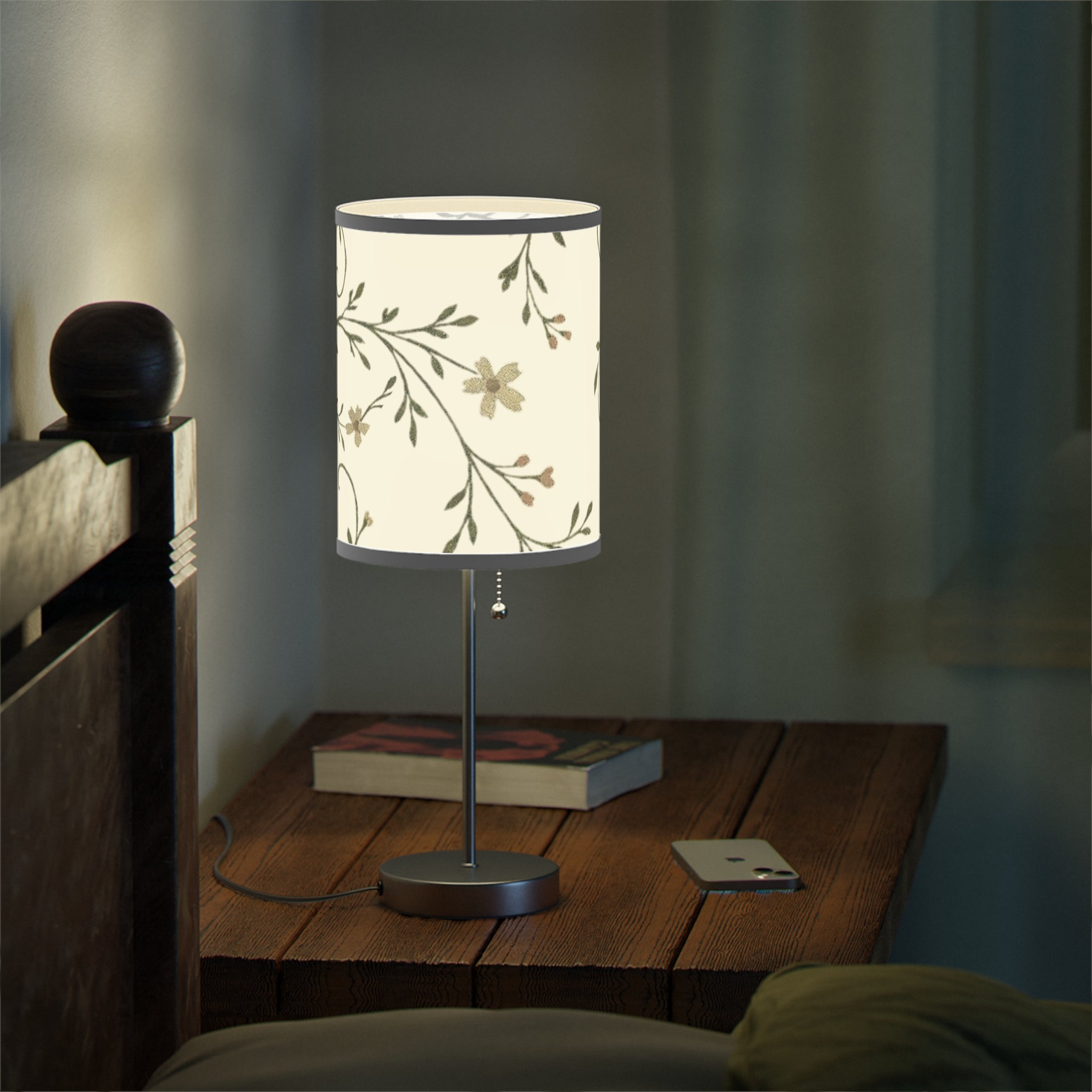 Floral Night Table Lamp – Black Botanical Print Lamp with Silver Stand (US/CA Plug)