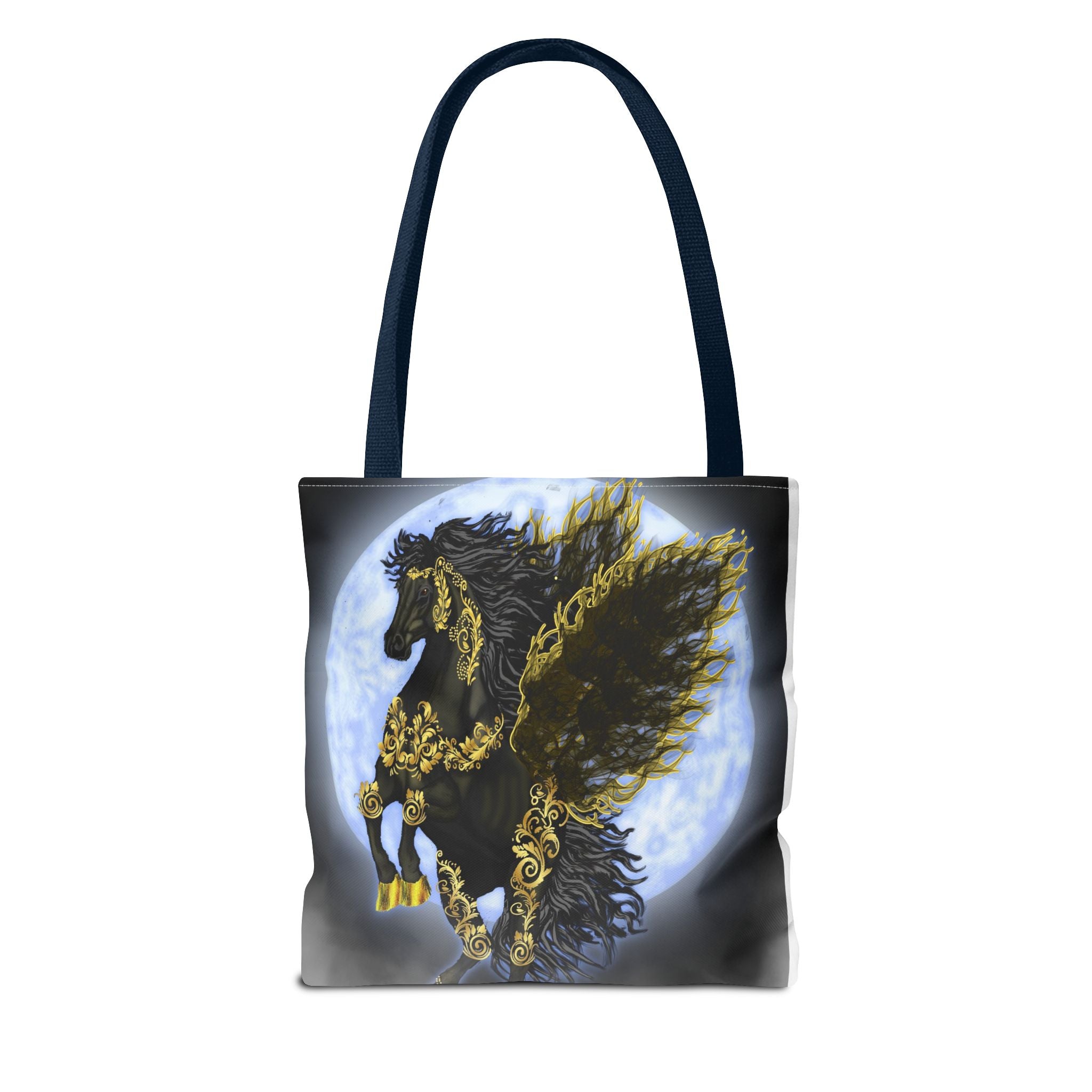 Moonlit Golden Pegasus Tote Bag — Black Winged Horse Art Tote