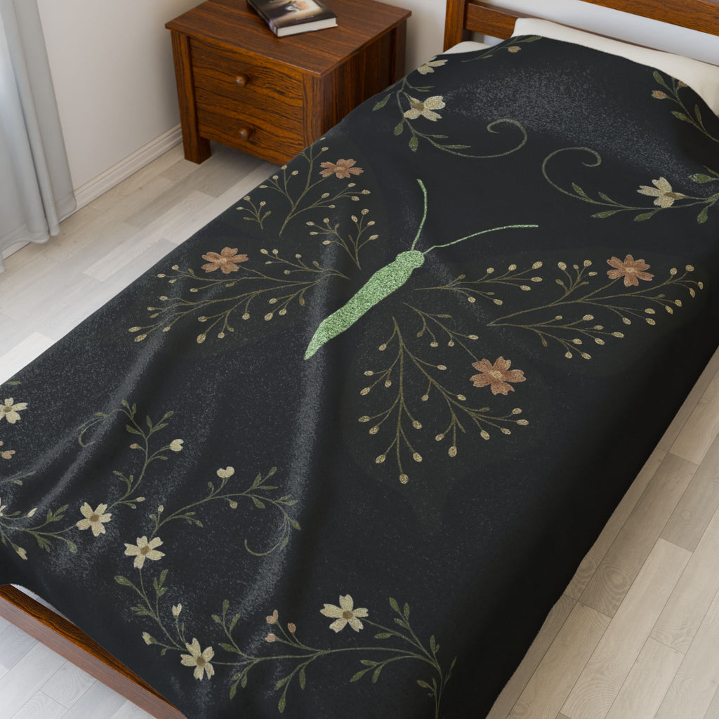 Botanical Butterfly Velveteen Plush Blanket – Floral Night Garden Throw