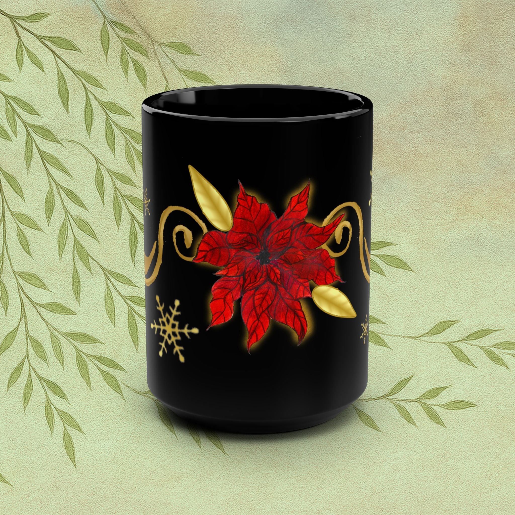Poinsettia & Gold Snowflakes Black Coffee Mug — 15oz Holiday Tea Cup