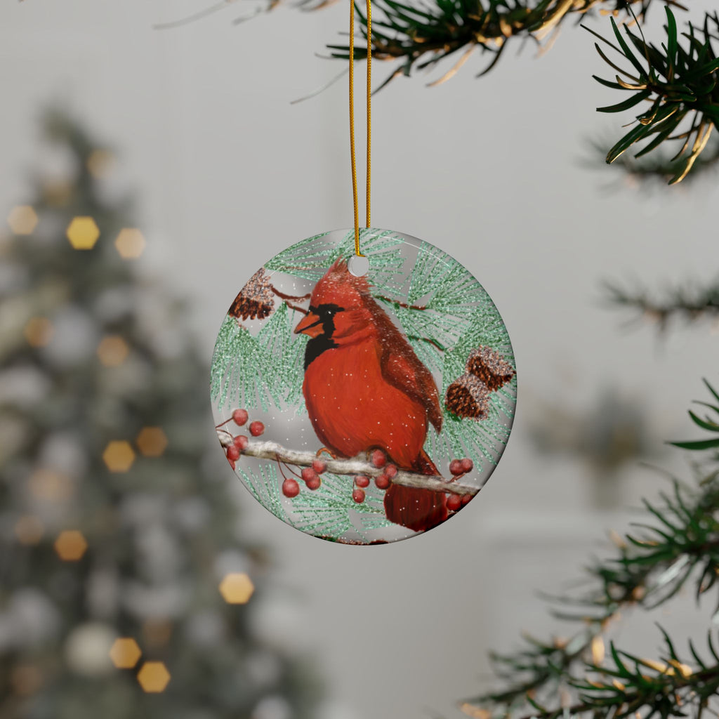 Cardinal Bird Ceramic Ornament — Red Cardinal Holiday Tree Decoration