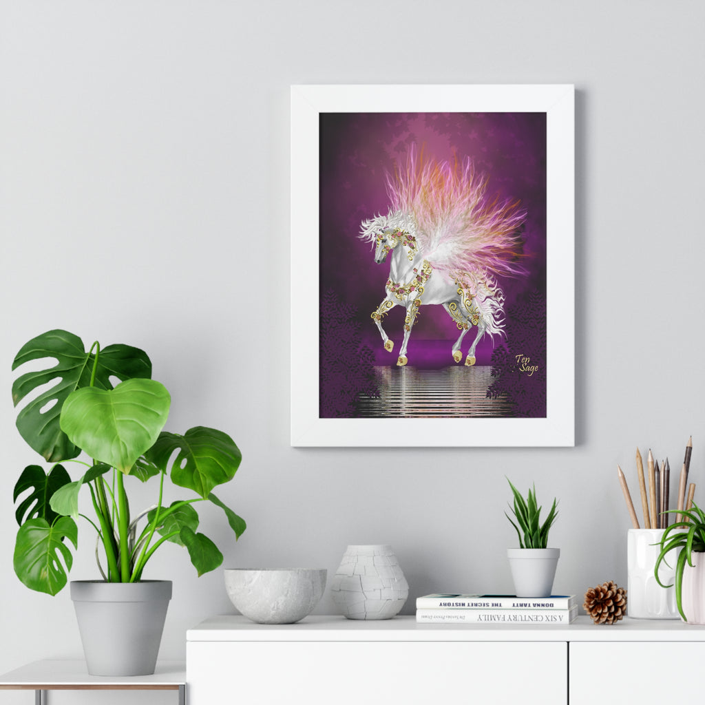 Framed Unicorn Art Print — Magical White Horse Poster with Pink Plumage